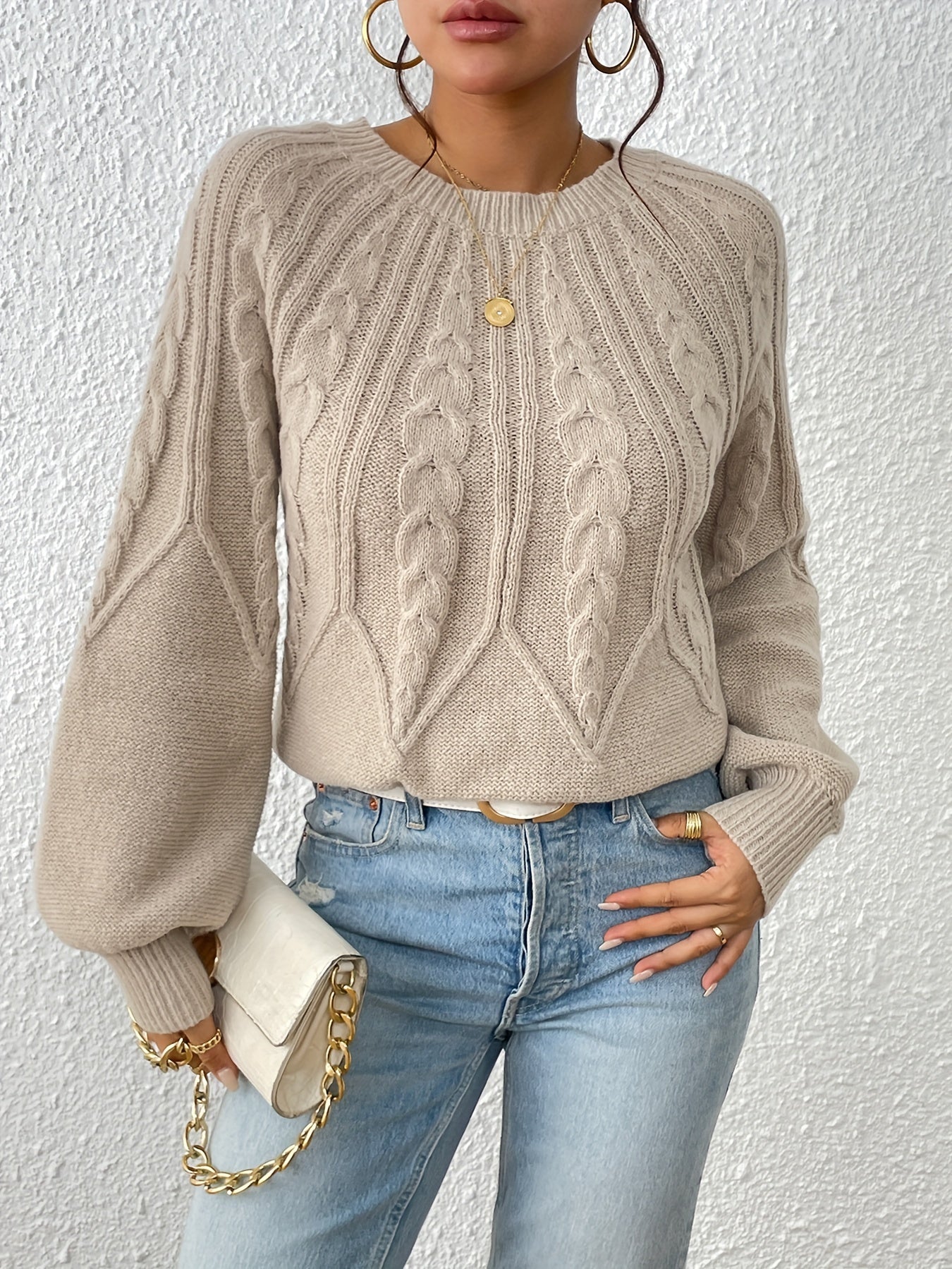 Solid Crew Neck Pullover Sweater, Casual Lantern Sleeve Criss Ruffle Trim Knit Sweater For Fall & Winter, Women's Clothing