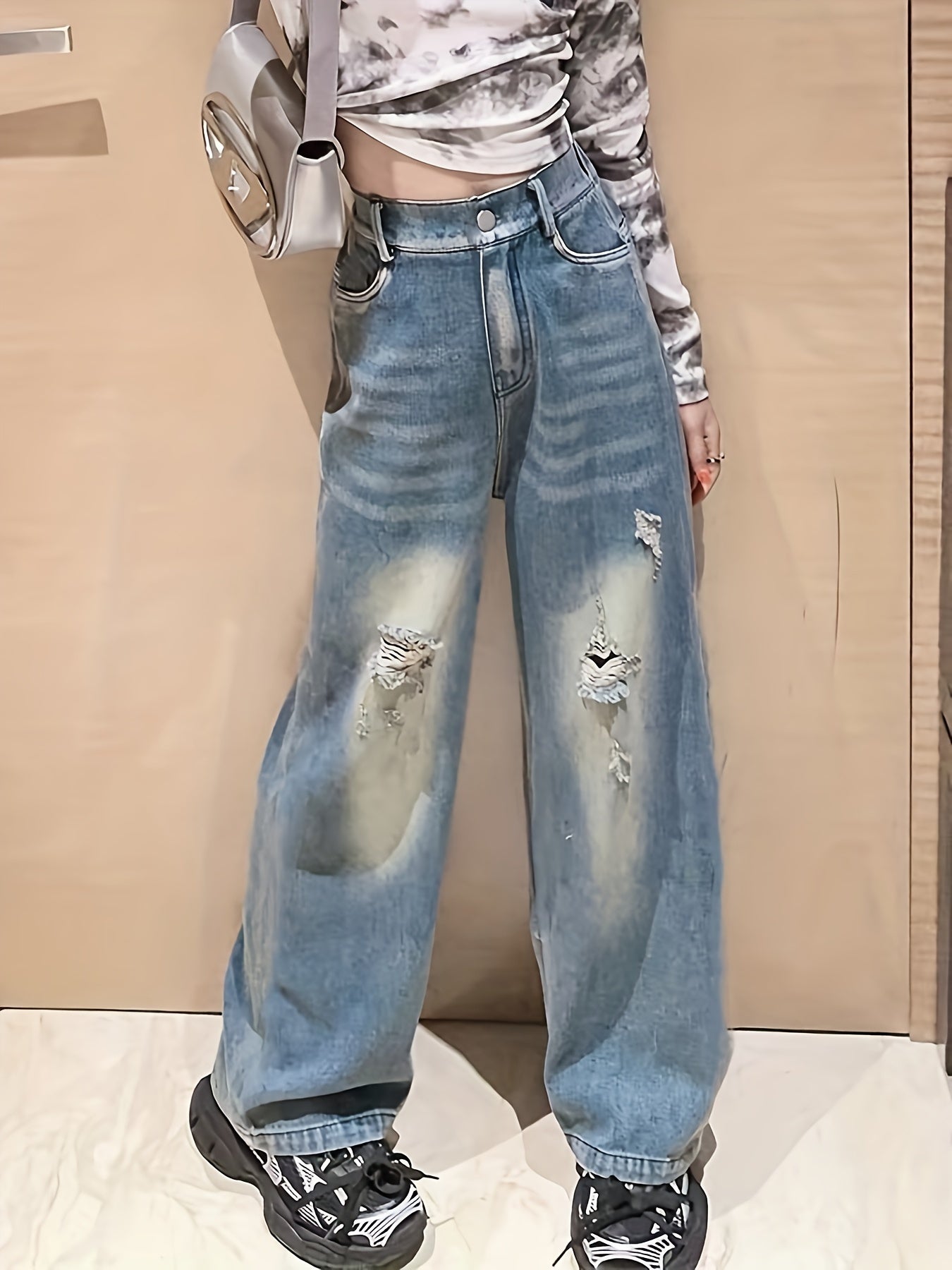 vlovelaw Girls Vintage High Waist Ripped Jeans Baggy & Casual Style Denim Trousers For Street Going Out