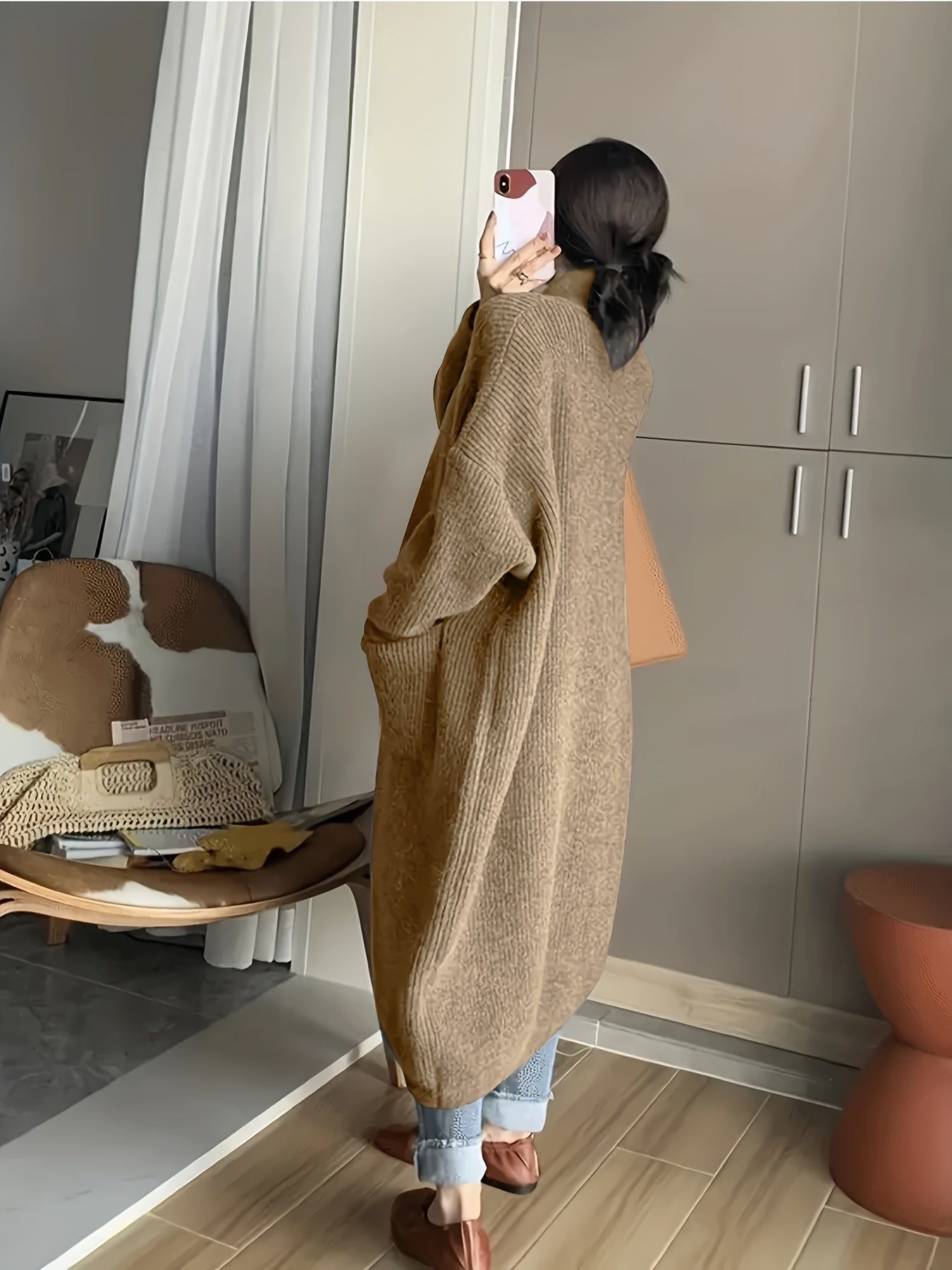 Solid Button Front Turtle Neck Cardigan, Casual Long Sleeve Pocket Oversized Sweater Overcoat, Women's Clothing