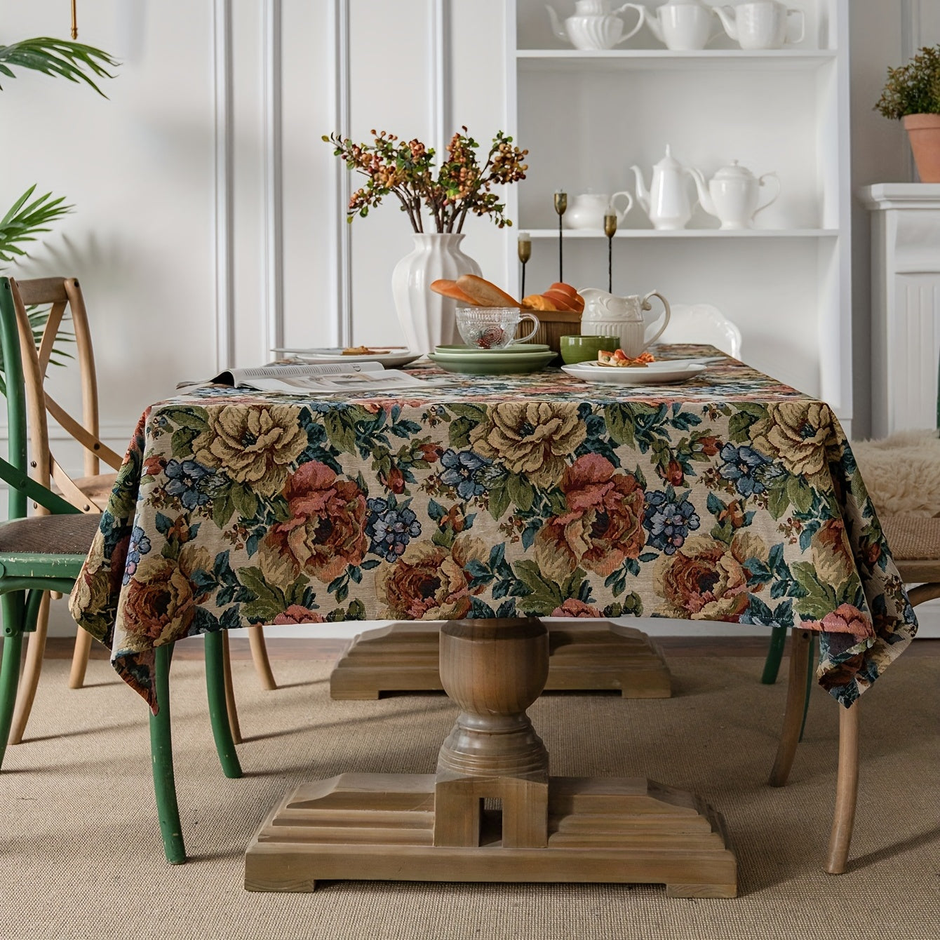 1pc Square Cotton Embroidered Tablecloth - Stylish American Design with Intricate Ball Flower Embroidery - Perfect for Christmas, Adds Elegance to Your Home Decor