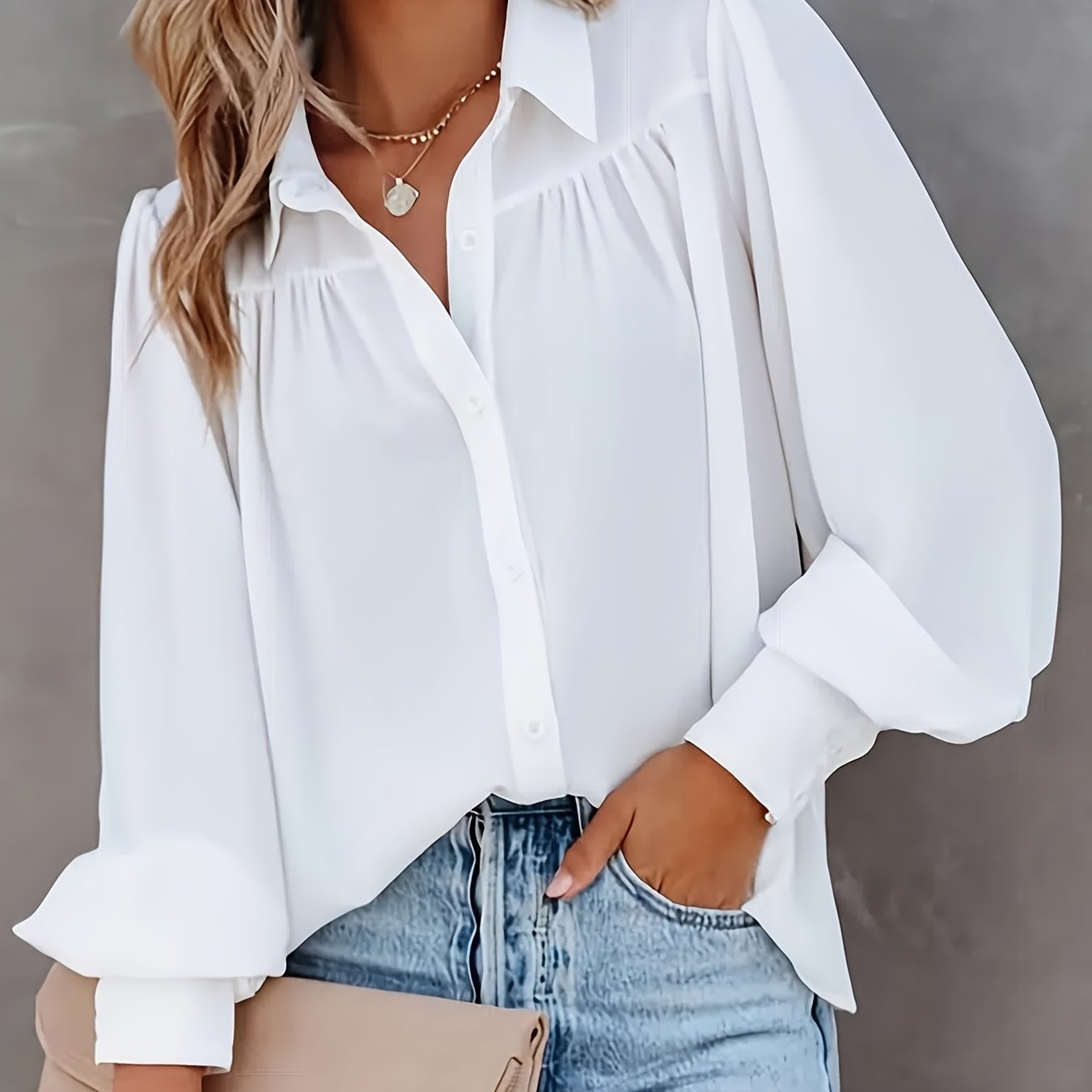 Solid Lapel Long Lantern Sleeve Button Down Shirt, Loose Lightweight Elegant Office Shirt, Women's Clothing