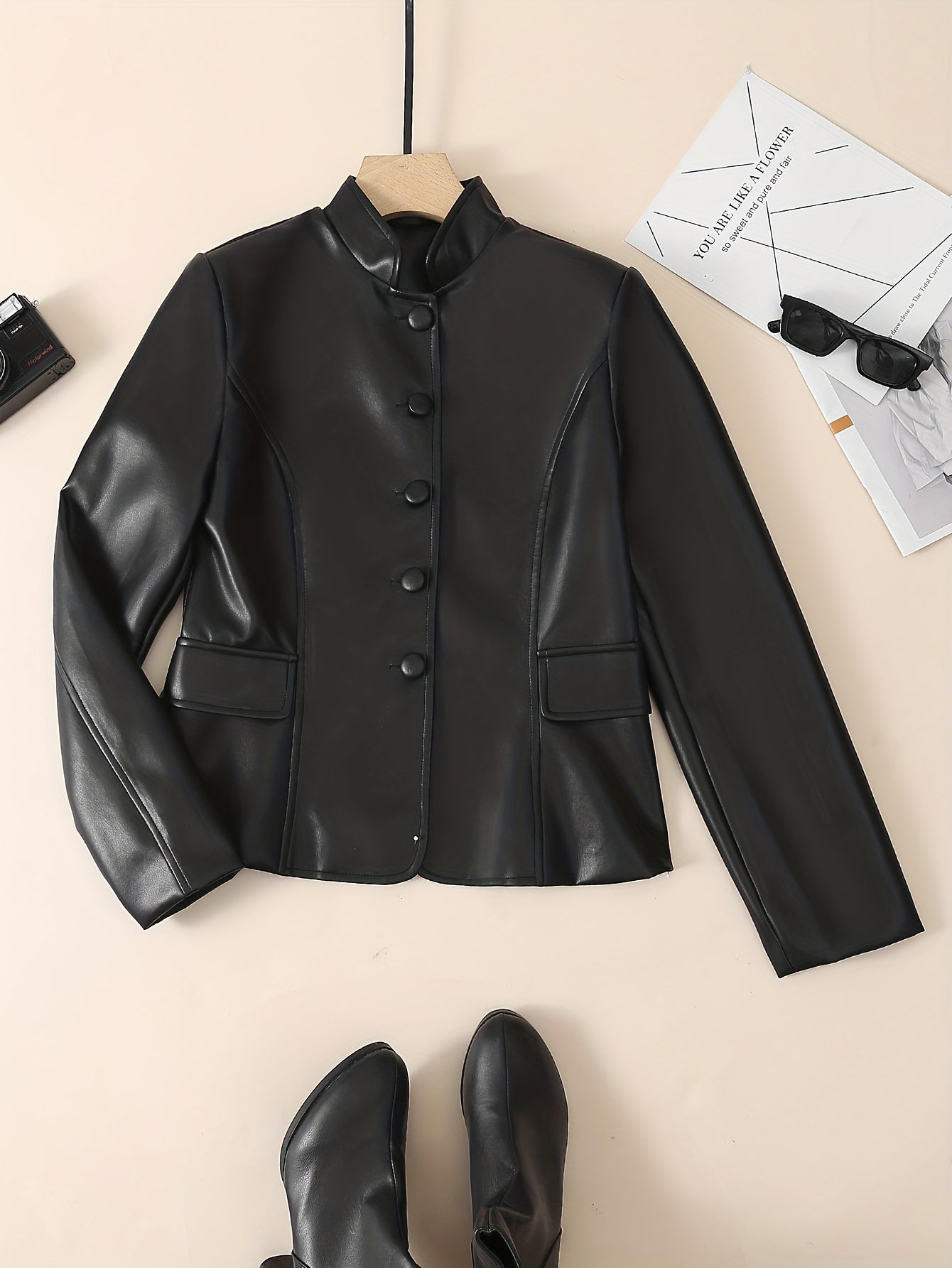 vlovelaw Solid Button Front Jacket, Elegant Long Sleeve Pu Leather Outwear, Women's Clothing