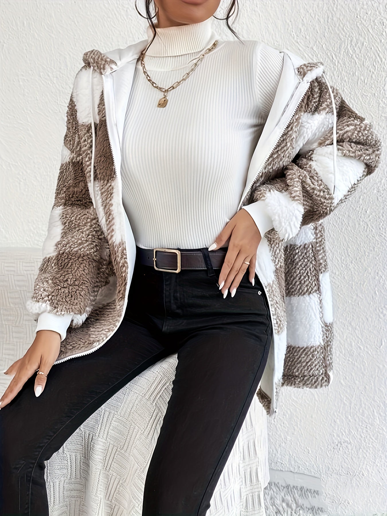 vlovelaw  Plaid Print Teddy Hooded Jacket, Casual Zip Up Drawstring Outerwear, Women's Clothing