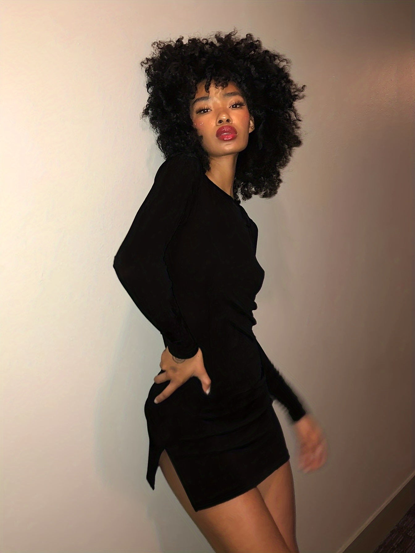 vlovelaw Backless Split Mini Dress, Club Wear Long Sleeve Bodycon Dress, Women's Clothing