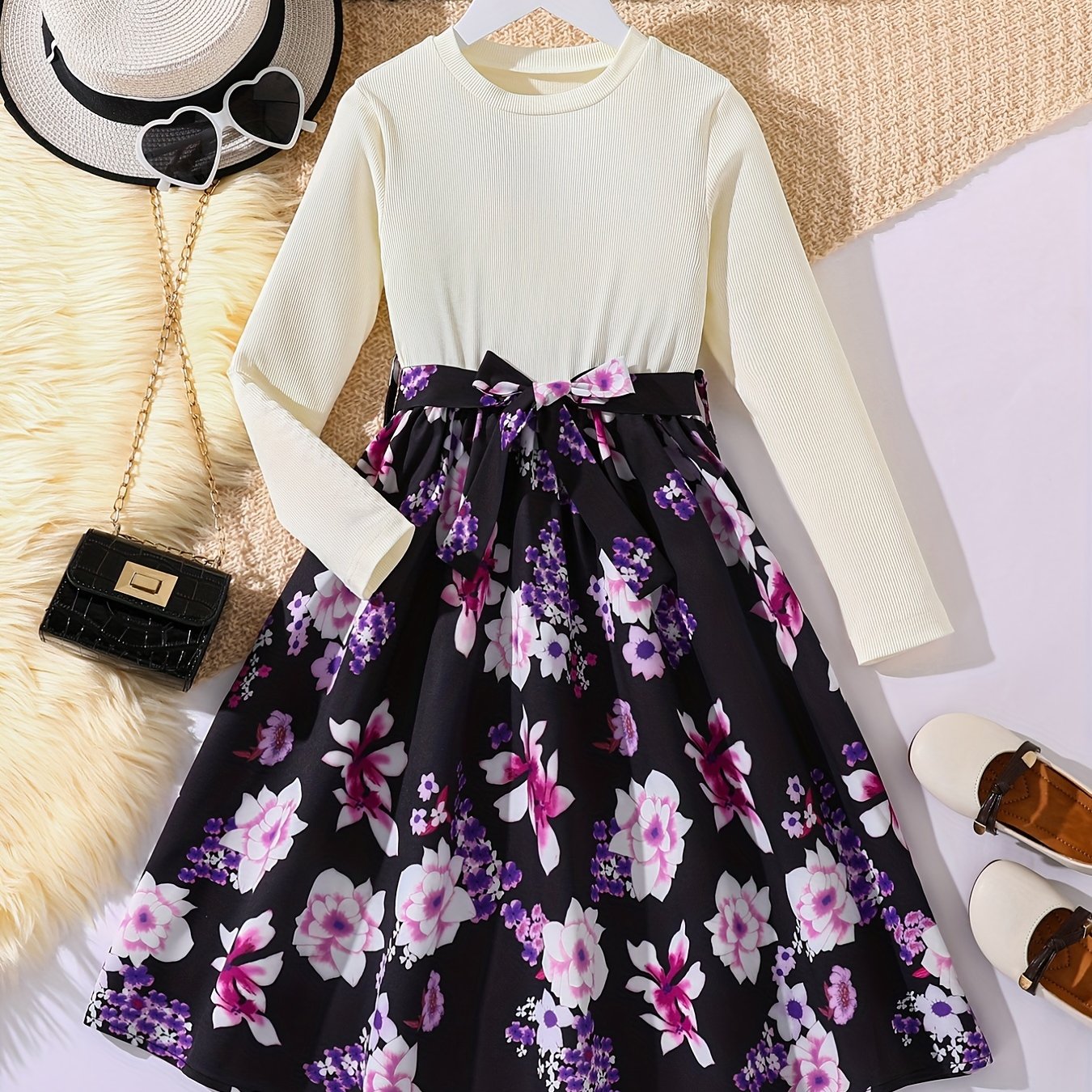 vlovelaw Girls Long Sleeves Round Neck Flowers Splicing Belted Dress For Party Kids Spring Clothes