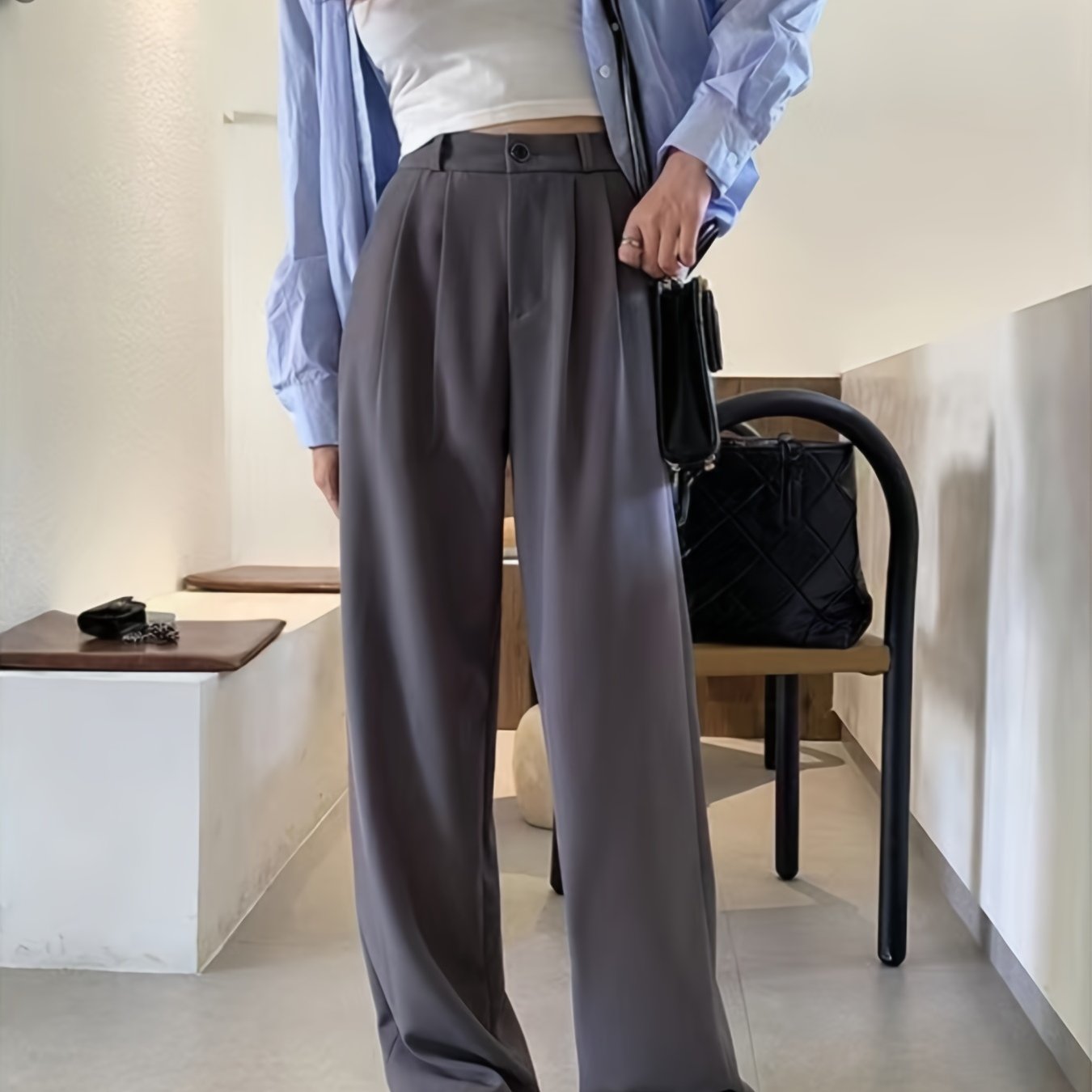 vlovelaw Solid High Waist Draped Long Length Pants, Casual Loose Spring & Autumn Pants, Women's Clothing
