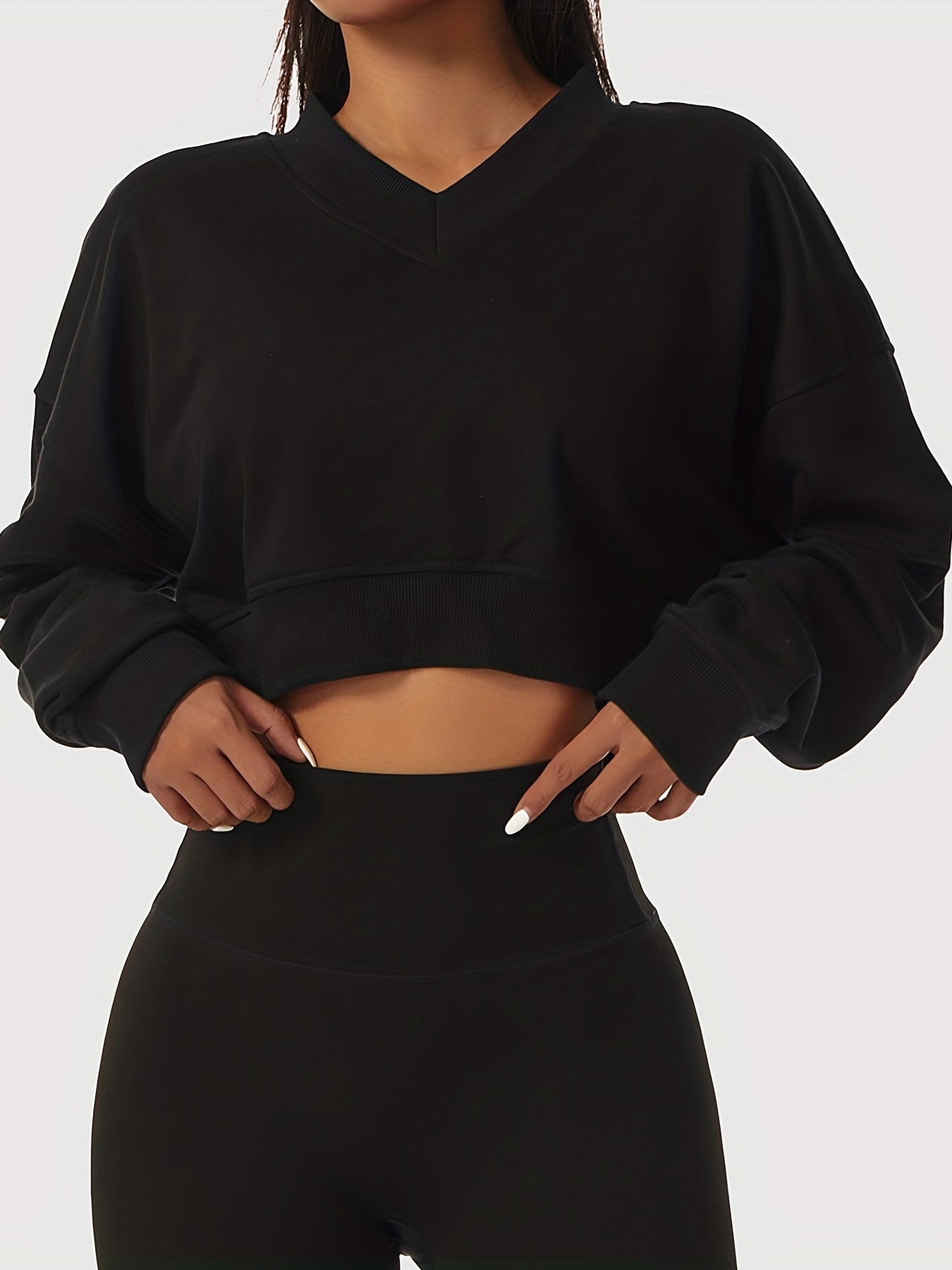 Women's Solid Cropped Long Sleeve Sweatshirts, Casual V Neck Pullover Sports T-Shirts Tops, Women's Clothing