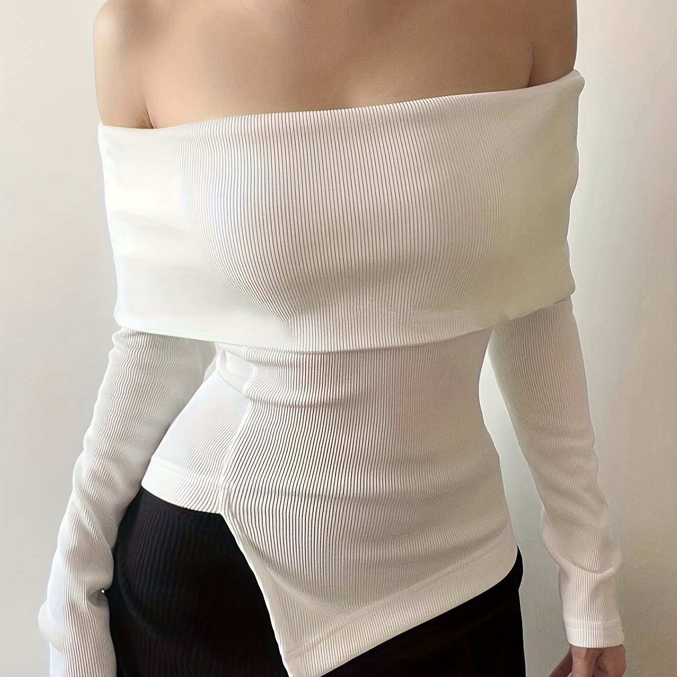 vlovelaw Solid Ribbed Off Shoulder T-Shirt, Casual Long Sleeve Top For Spring & Fall, Women's Clothing