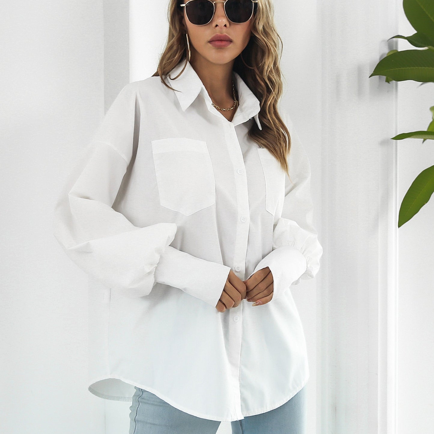 Women's Blouse Women Streetwear Button-down Shirt Irregular Long Sleeve Lapel Blouse With Pockets Autumn Loose Blouse