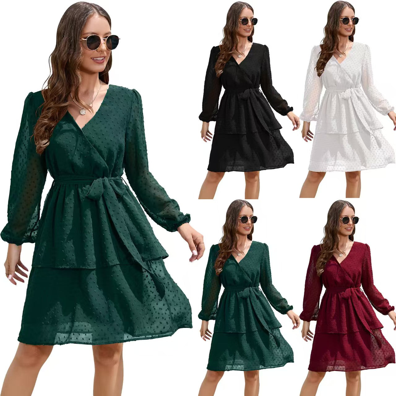 Vlovelaw Swiss Dot V-Neck Dress With Belt(3 Colors)