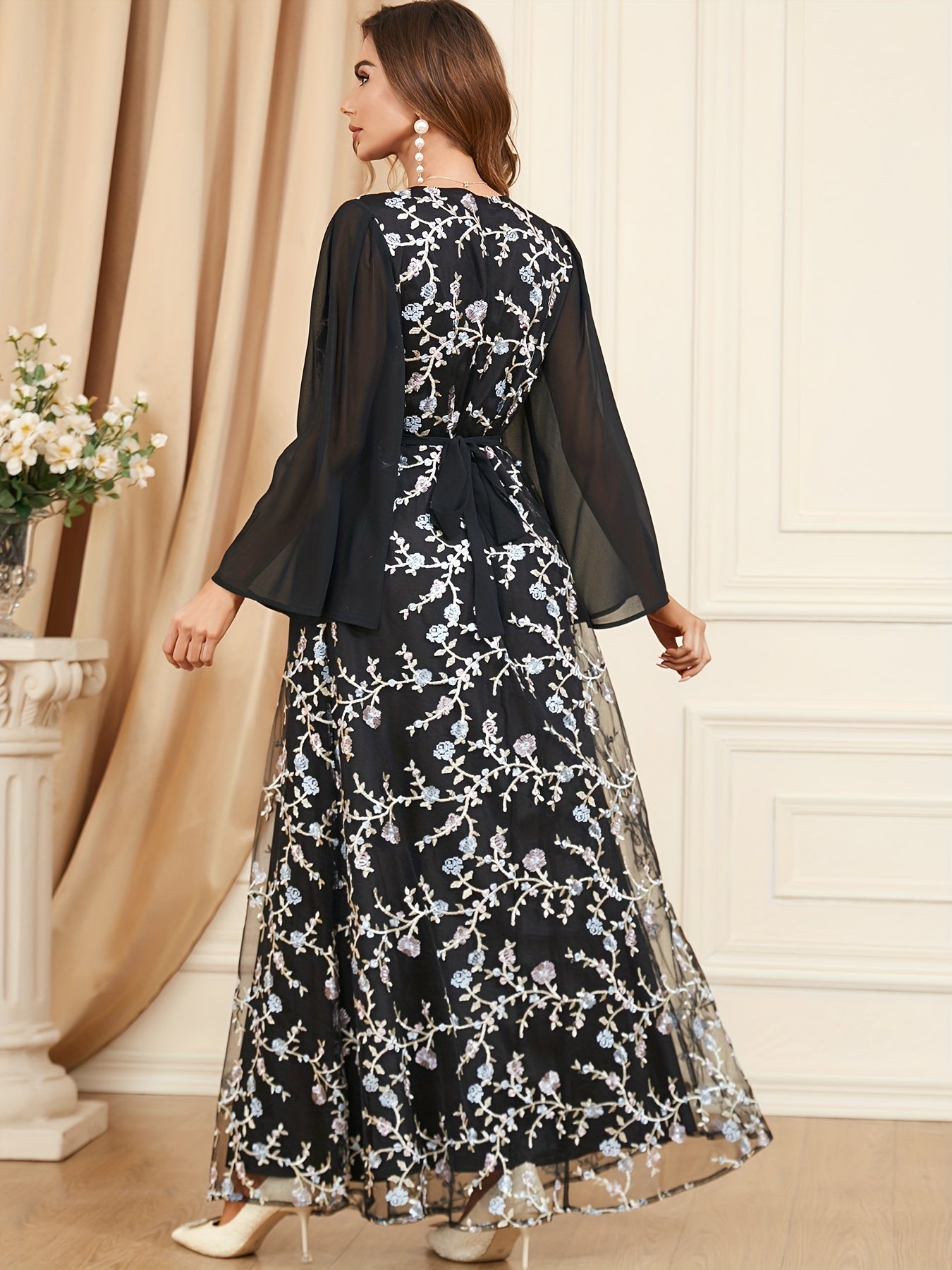 Floral Pattern Kaftan Maxi Dress, Elegant V Neck Long Sleeve Dress, Women's Clothing
