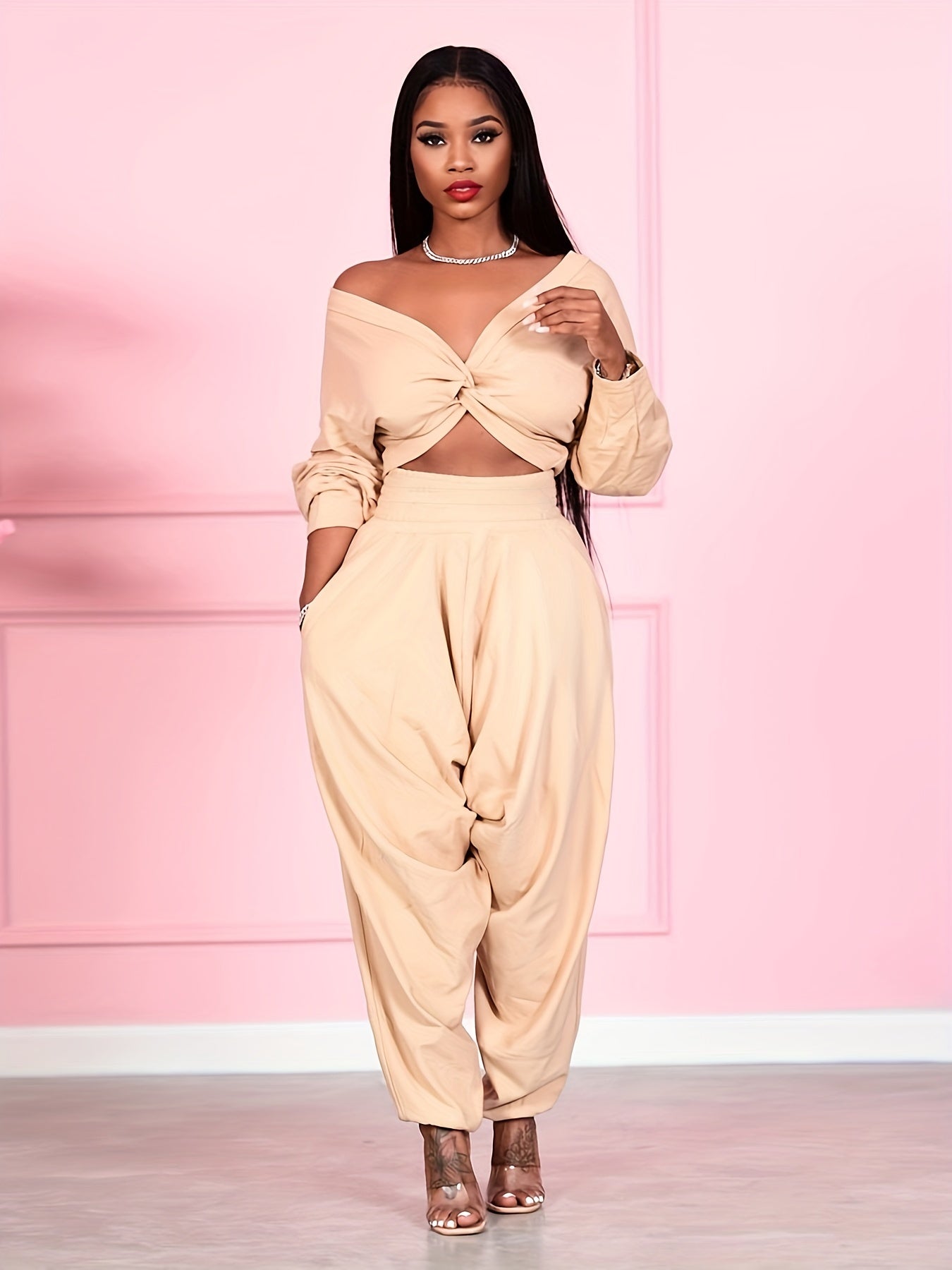 Solid Two Piece Set, V-neck Off Shoulder Crop Top & High Waist Elastic Pants, Women's Clothing