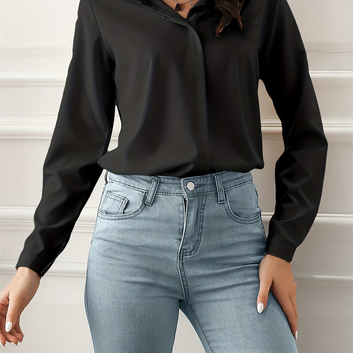 vlovelaw Solid Simple Shirt, Casual Turn Down Collar Long Sleeve Work Office Shirt, Women's Clothing