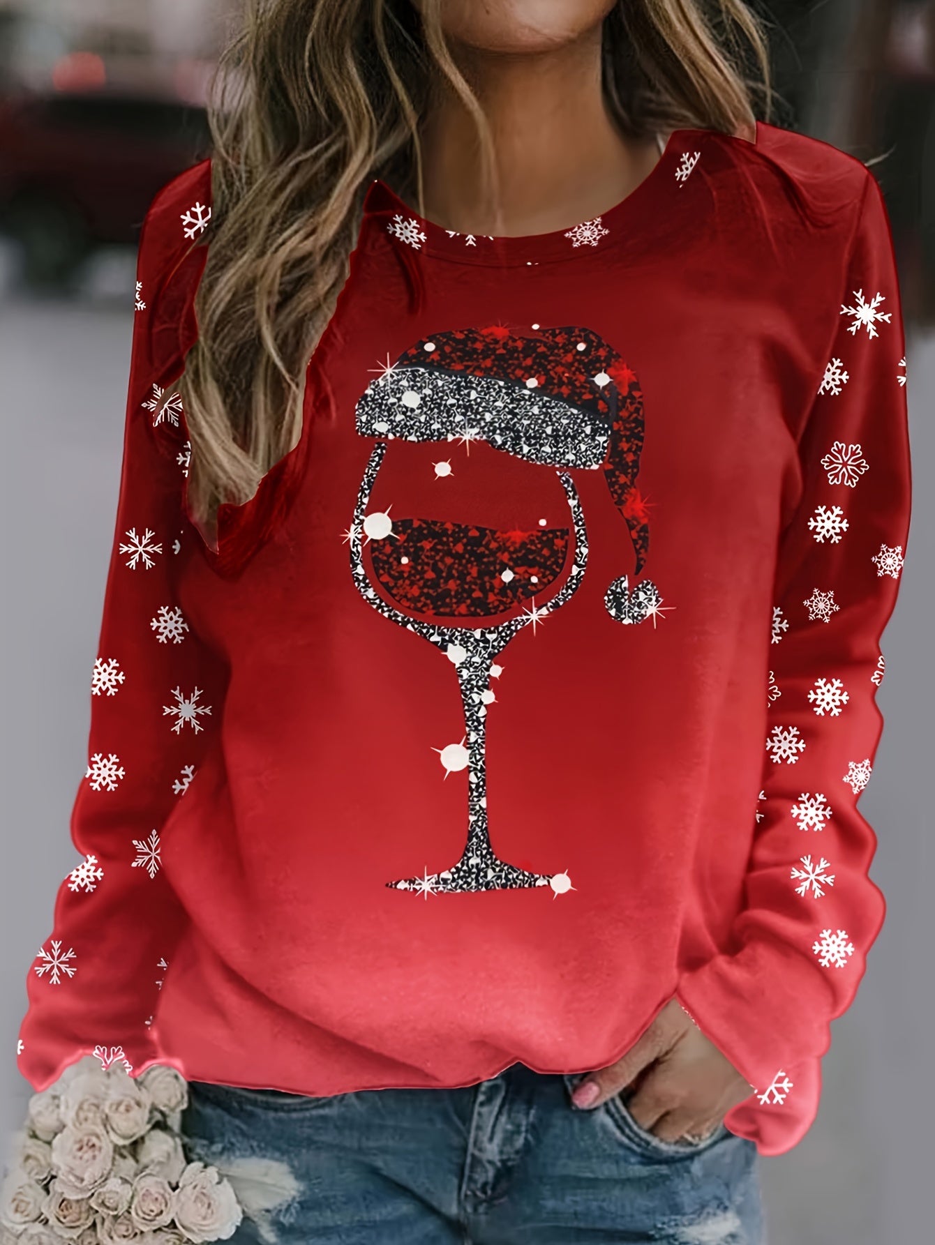 Women's Festive Christmas Wine Glass Print Sweatshirt - Cozy Polyester Blend, Crew Neck, Long Sleeve - Perfect for Fall & Winter, for Christmas, Autumn, Spring