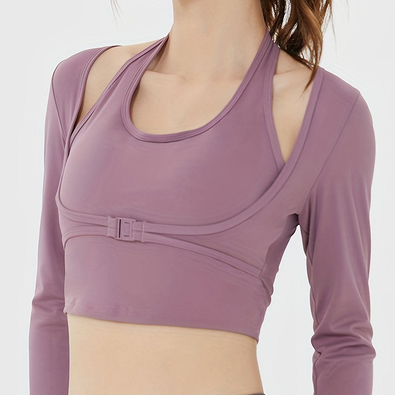 vlovelaw Halter Neck Long-Sleeved Top With Chest Pad Shockproof, Solid Color Yoga Top, Women's Tops