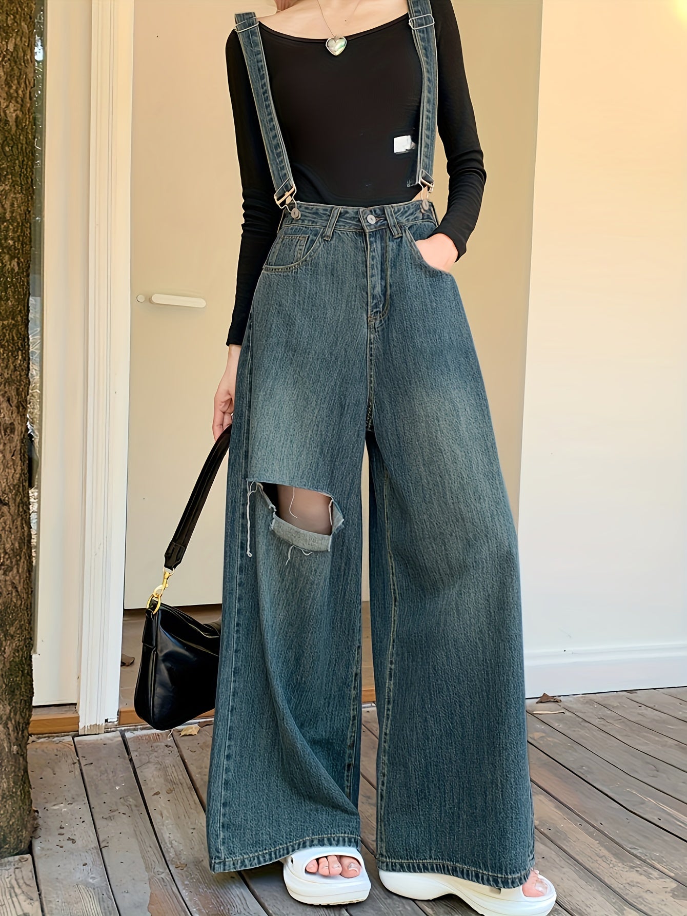 vlovelaw Ripped Vintage Washed Wide Leg Denim Jeans, Loose Fit Adjustable Strap Comfy Denim Overalls, Women's Denim Jeans & Clothing
