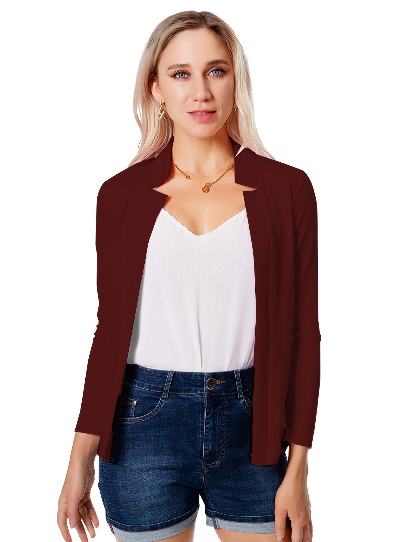 Solid Open Front Blazer, Elegant Long Sleeve Blazer For Office & Work, Women's Clothing