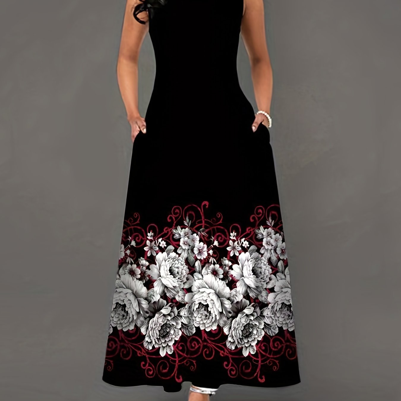 Floral Print Ring Linked Dress, Casual Crew Neck Dual Pockets Tank Dress, Women's Clothing