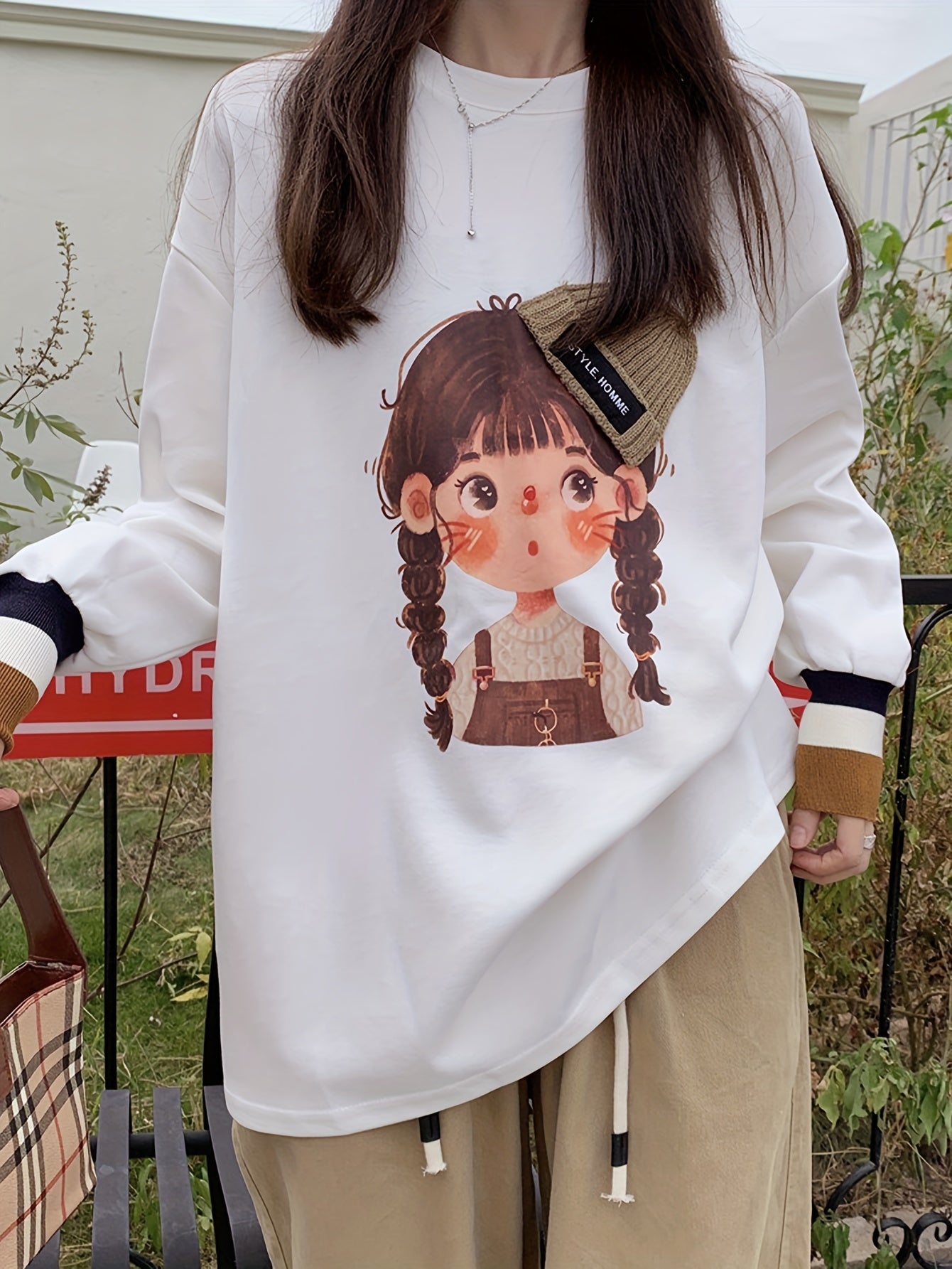 vlovelaw  Girl Print Crew Neck T-shirt, Casual Long Sleeve Top For Spring & Fall, Women's Clothing