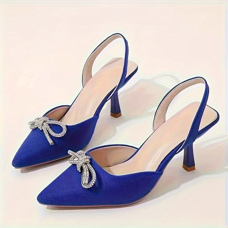 vlovelaw  Women's Rhinestone Bowknot Decor Sandals, Ankle Strap Slip On Elegant Dressy High Heels, Point Toe Party Banquet Shoes