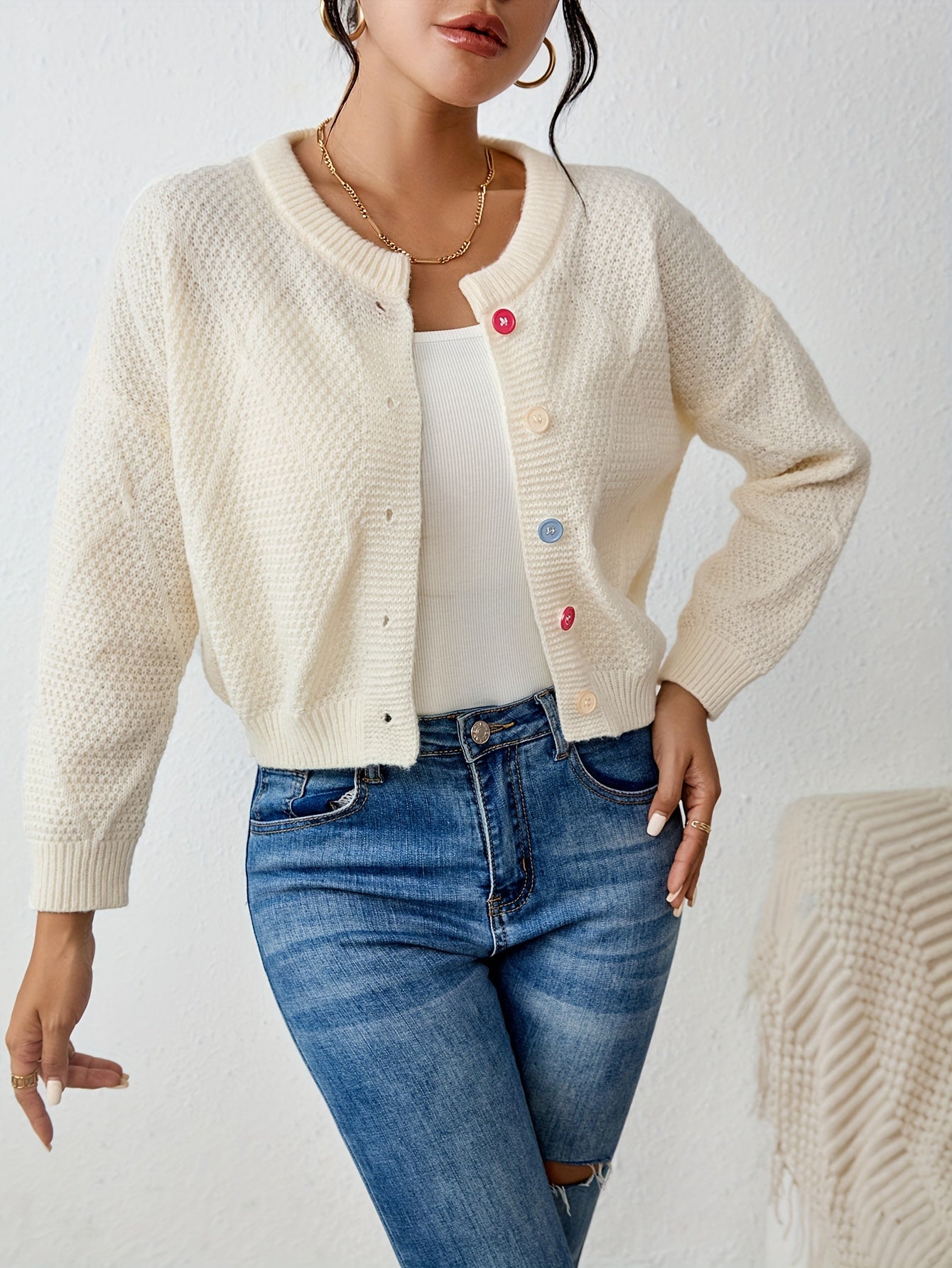 vlovelaw Solid Button Down Knit Cardigan, Elegant Crew Neck Long Sleeve Sweater, Women's Clothing