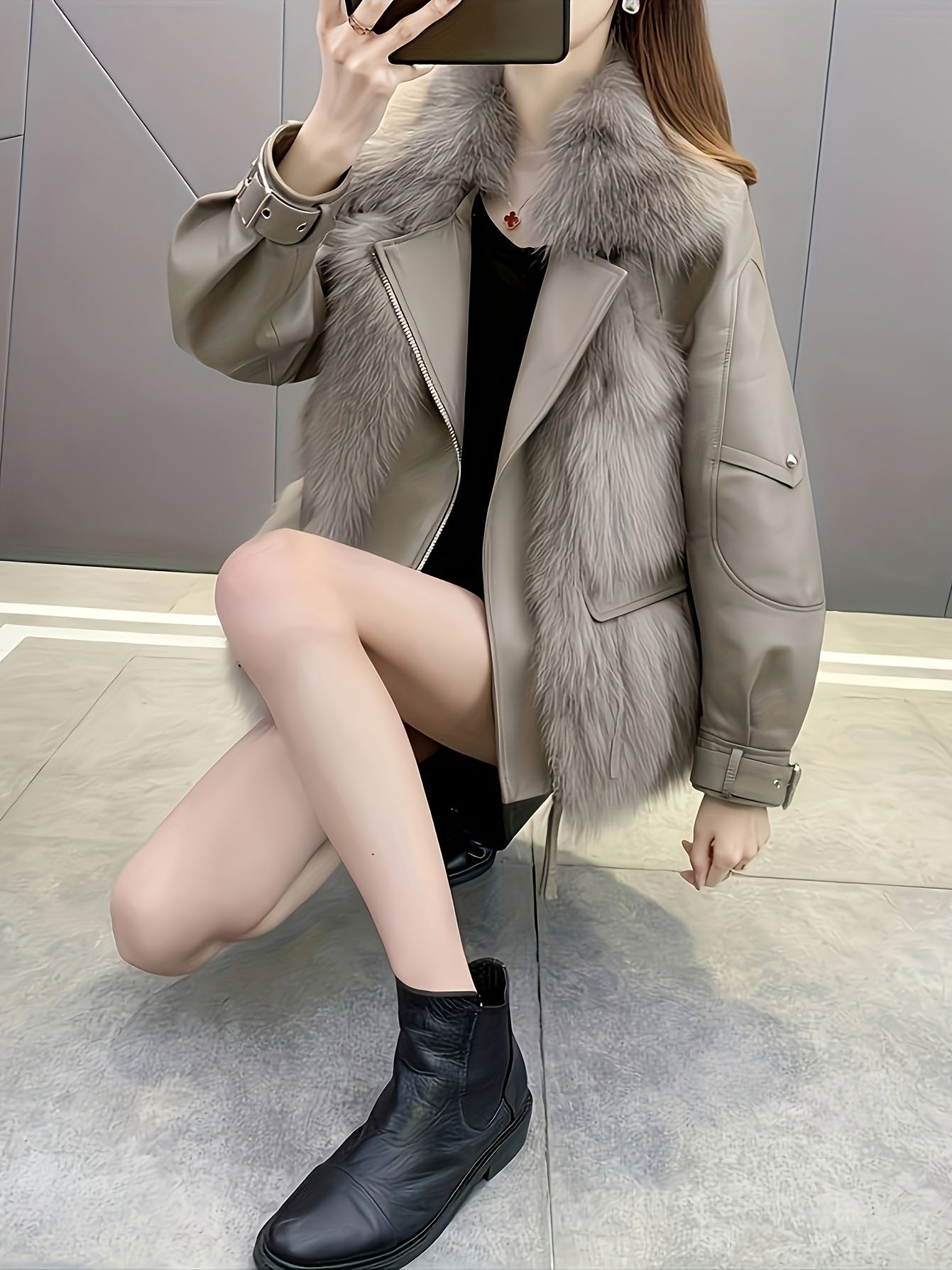 vlovelaw Fluffy Trim Solid Coat, Casual Zip Up Long Sleeve Winter Outerwear, Women's Clothing