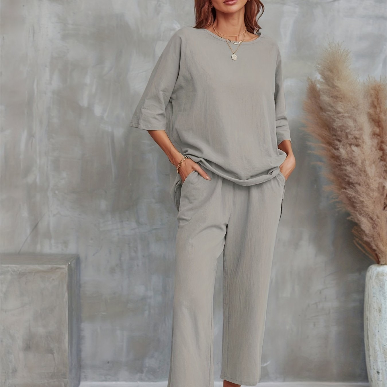 vlovelaw Solid Casual Two-piece Set, Crew Neck Half Sleeve Tee & Wide Leg Pants Outfits, Women's Clothing