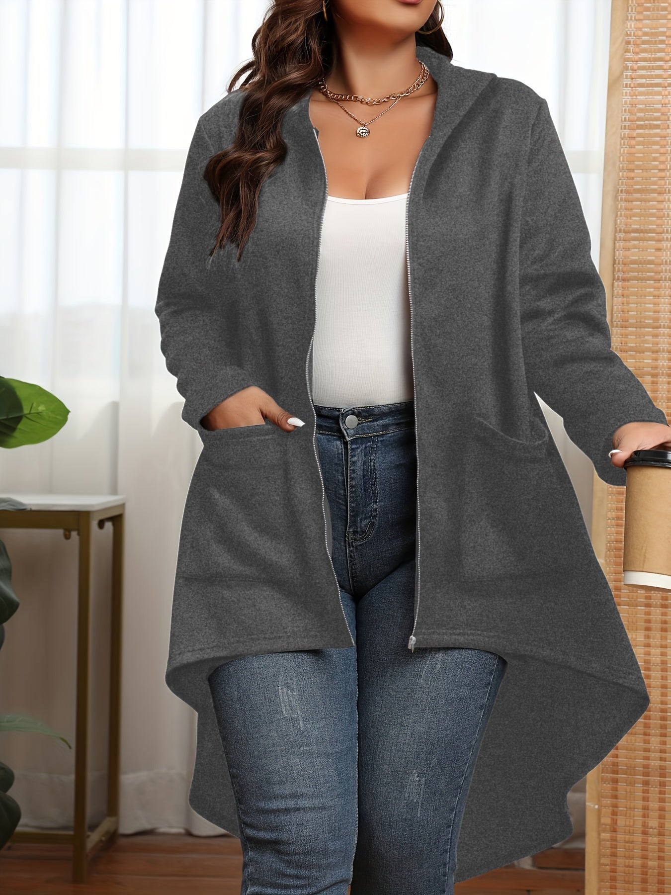 vlovelaw Plus Size Casual Coat, Women's Plus Solid Zip Up Long Sleeve Asymmetrical Hem Hooded Tunic Coat With Pockets