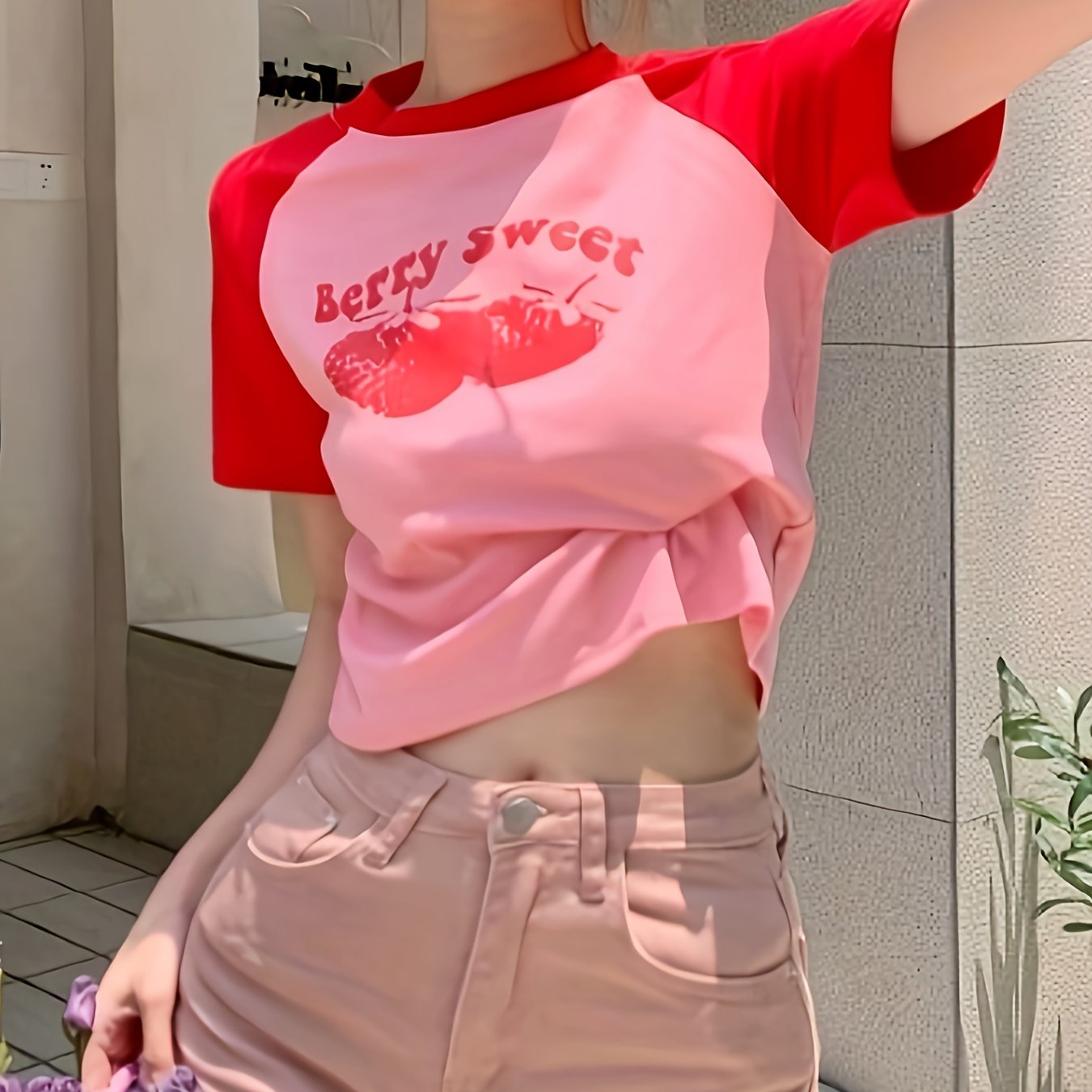 vlovelaw Cherry Print Color Block Crop T-Shirt, Casual Raglan Sleeve T-Shirt For Spring & Summer, Women's Clothing