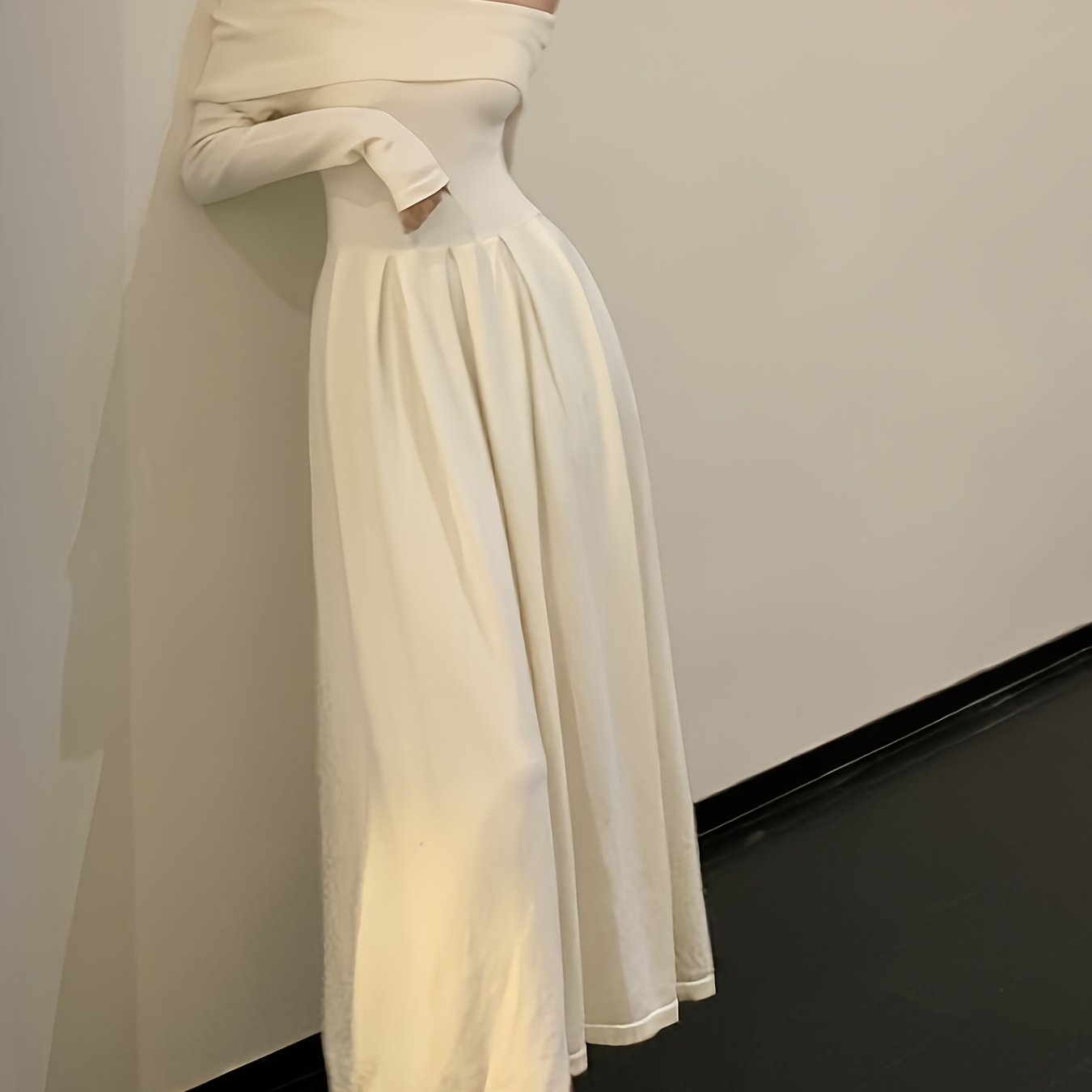 vlovelaw Solid Off Shoulder Aline Dress, Elegant Ruffle Hem Long Sleeve Slim Dress For Spring & Fall, Women's Clothing