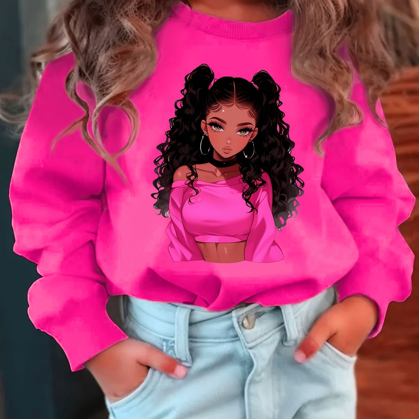Vibrant Graphic Print Pullover Sweatshirt for Girls - Soft, Comfy, Crew Neck, Long Sleeve, Daily and Outdoor Wear - Perfect for Casual Fashion