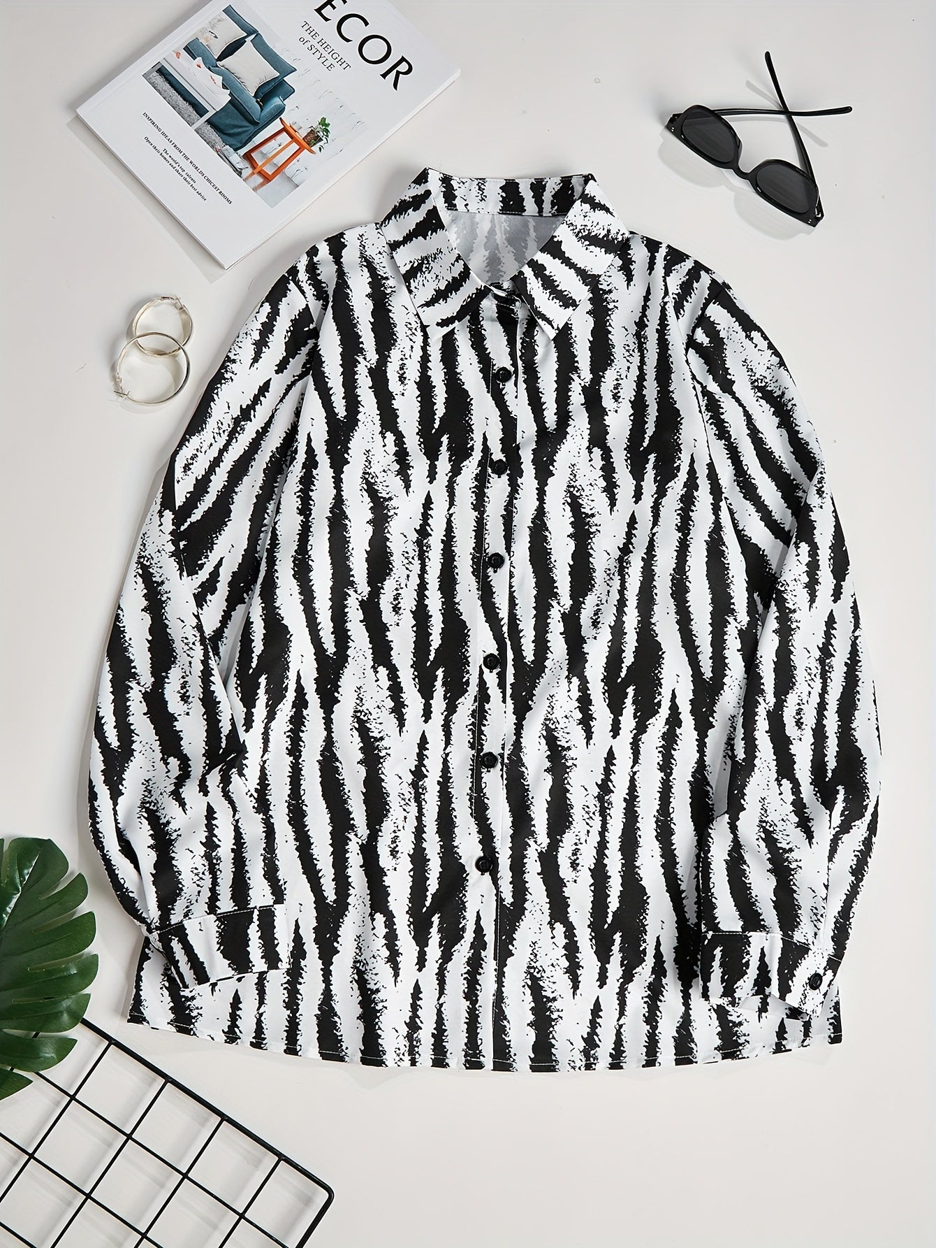 All Over Print Polo Collar Button Shirt, Casual Long Sleeve Shirt For Spring & Fall, Women's Clothing