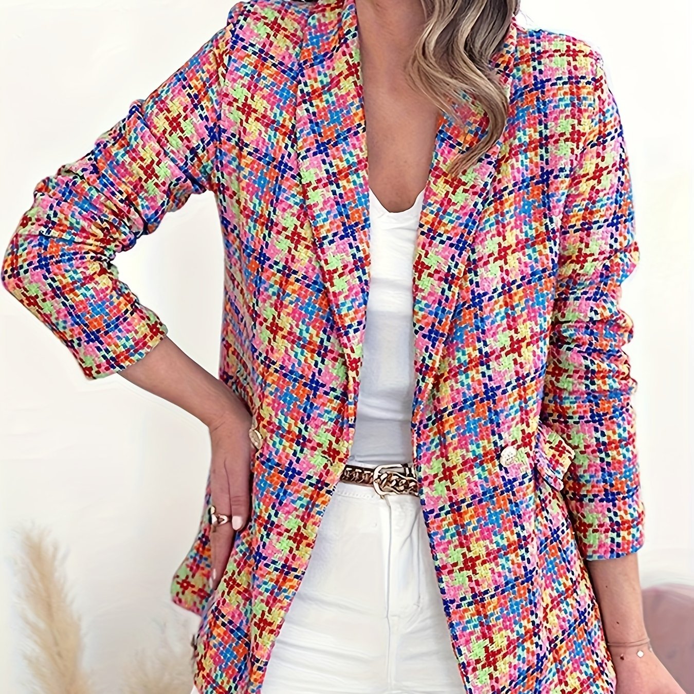 Plaid Pattern Open Front Blazer, Casual Long Sleeve Slim Blazer, Women's Clothing