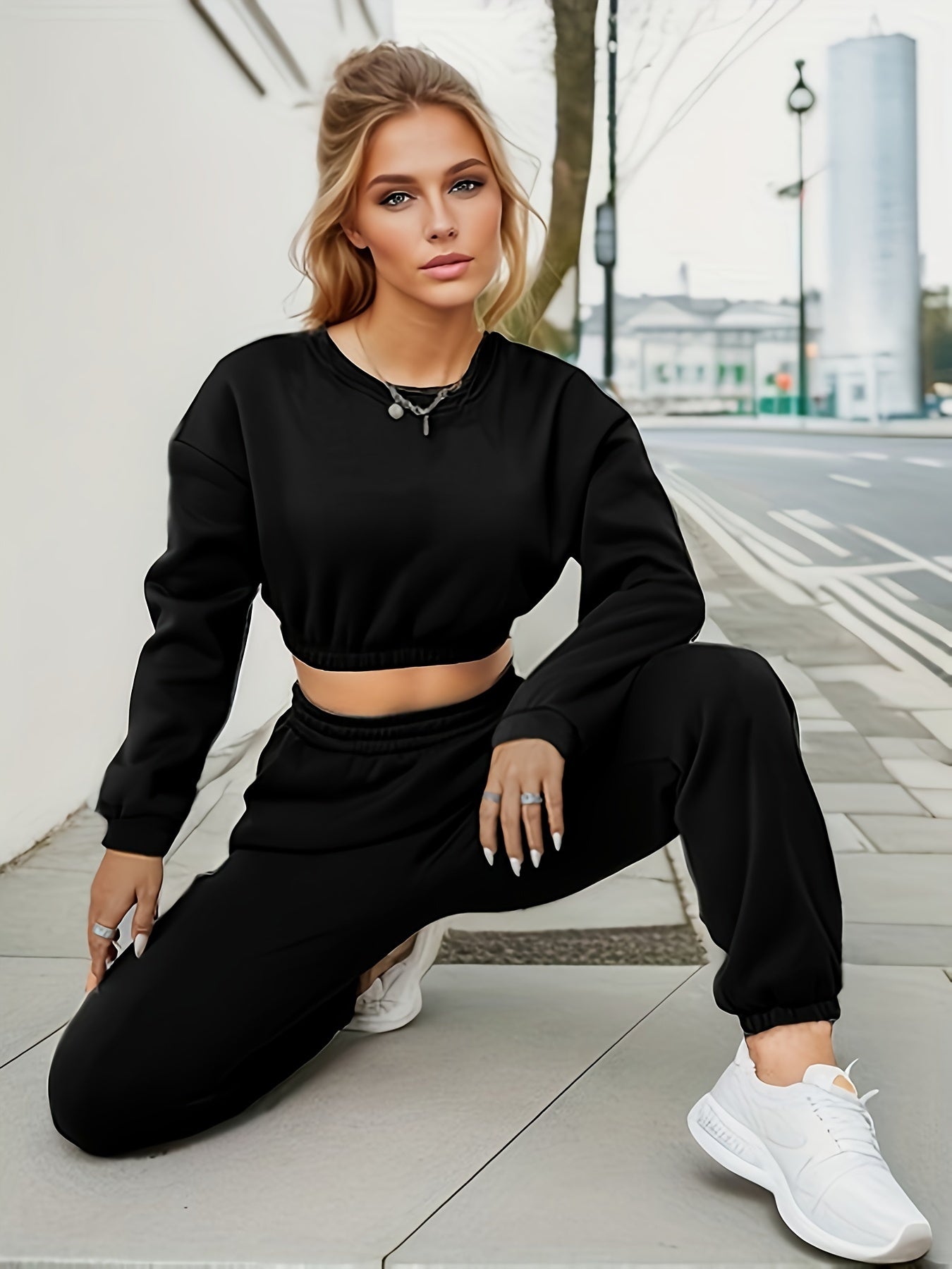 Solid Workout Two-piece Set, Cropped Long Sleeve Sweatshirt & Elastic Waist Jogger Pants Outfits, Women's Clothing