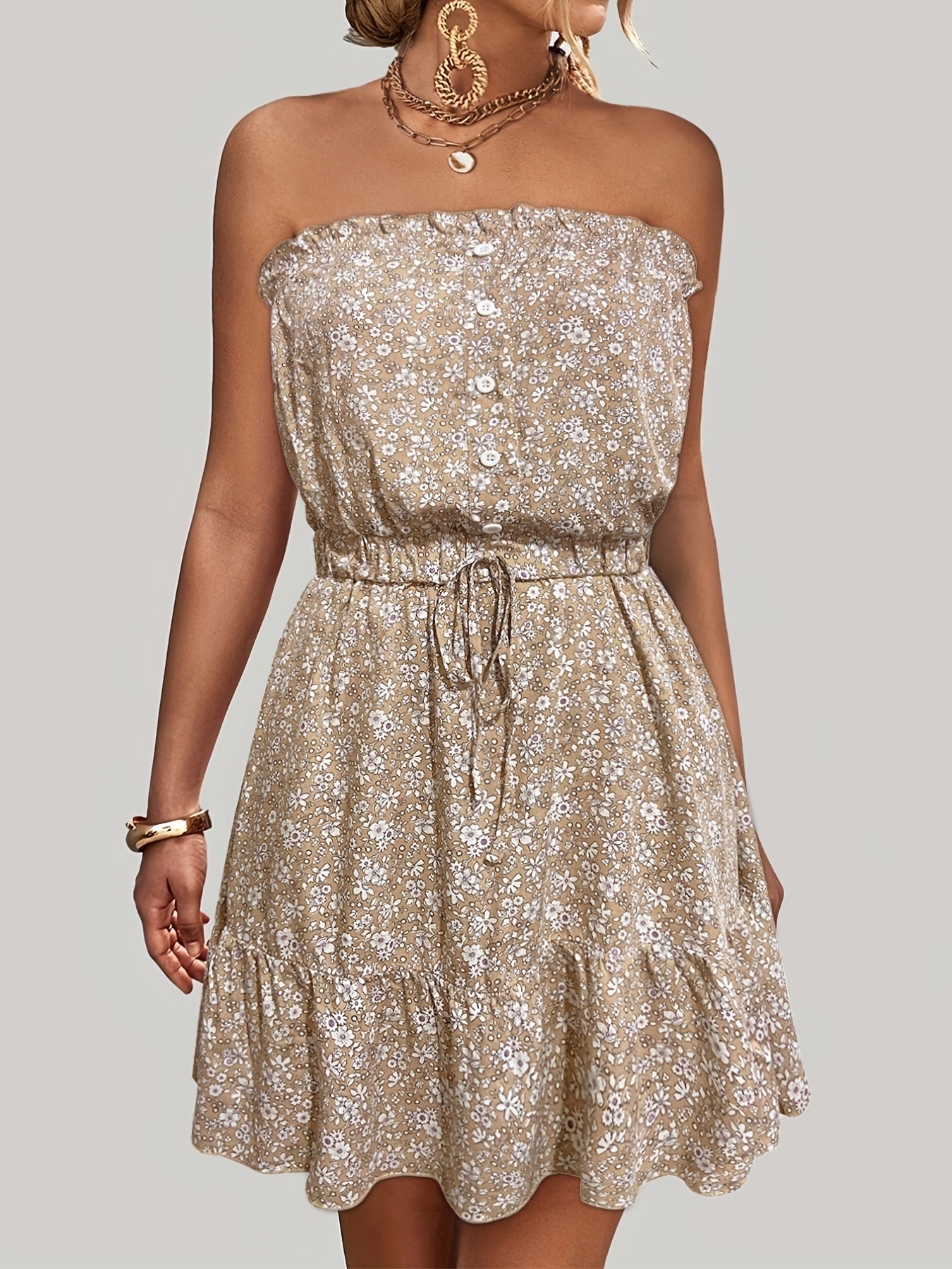Ditsy Floral Off Shoulder Dress, Sexy Sleeveless Drawstring Summer Dress, Women's Clothing