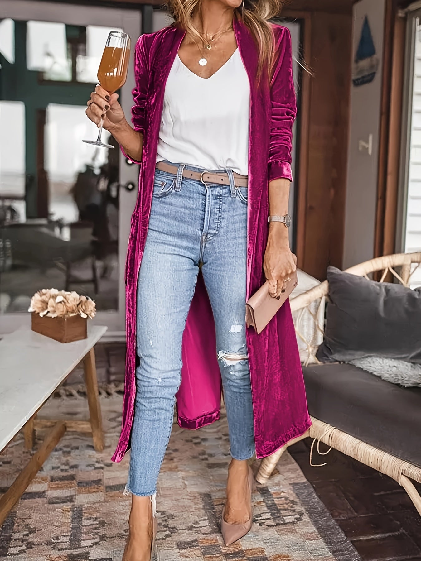 Velvet V-neck Loose Mid Length Cardigans, Casual Pocket Solid Color Long Sleeve Spring Fall Cardigan, Women's Clothing