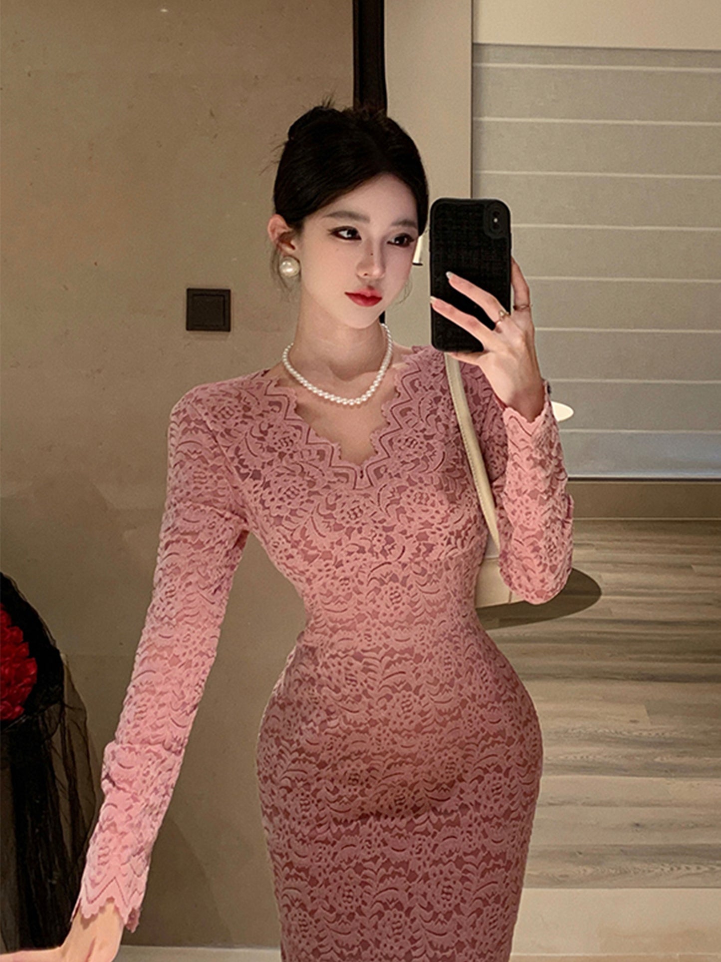 vlovelaw Solid V-neck Slim Dress, Elegant Long Sleeve Bodycon Dress For Spring & Fall, Women's Clothing