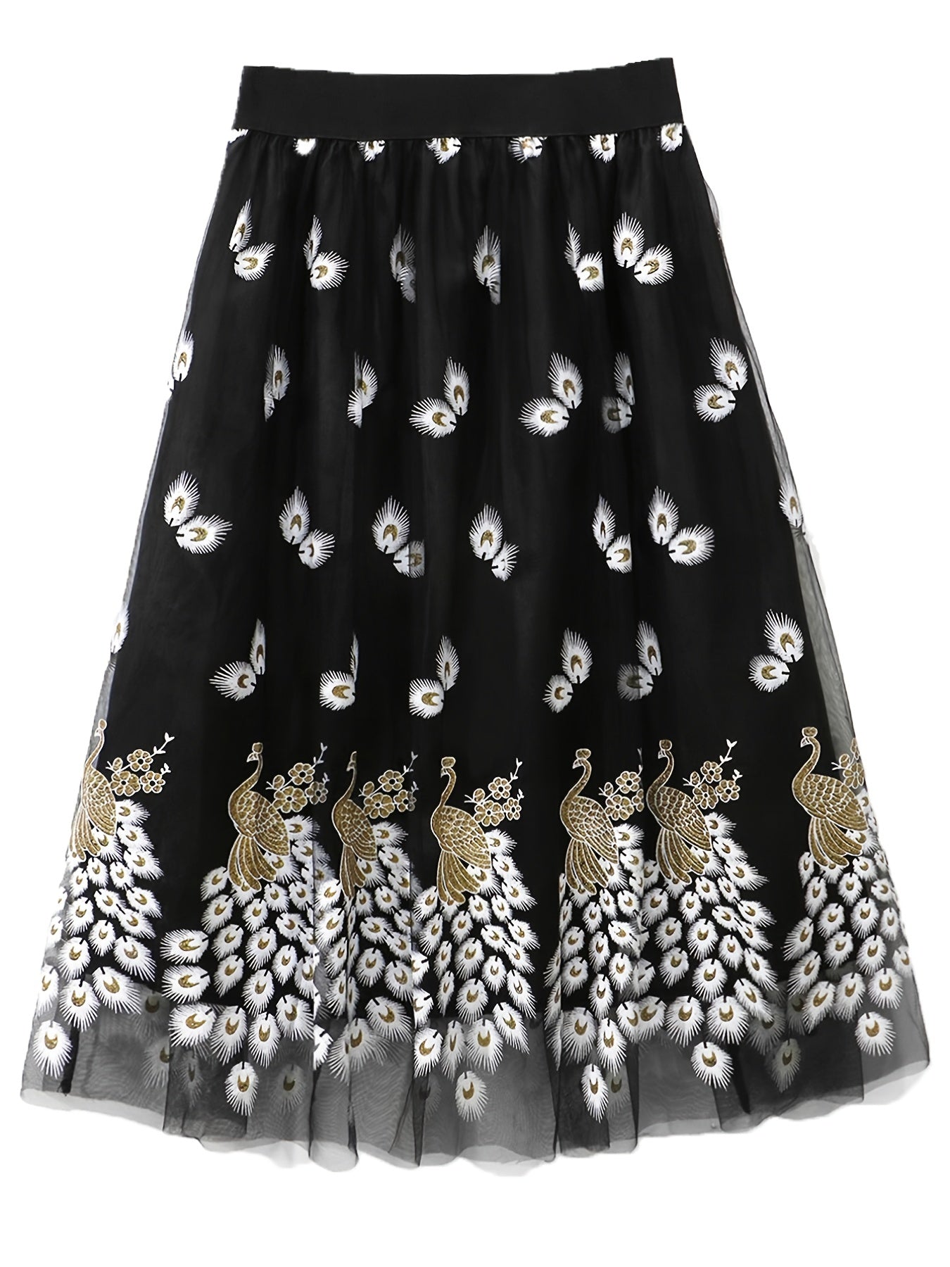 Plus Size Elegant Skirt, Women's Plus Peacock & Feather Print Elastic Waist Pleated Mesh Skirt