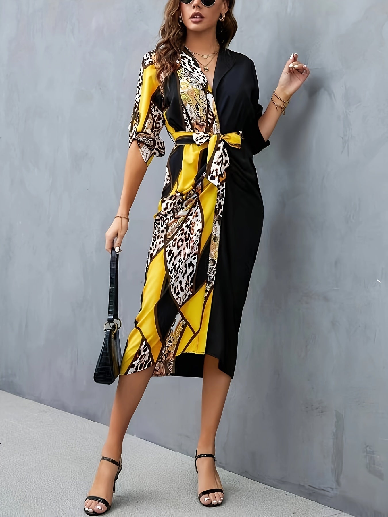 Leopard Print Splicing Shirt Dress, Elegant Button Front Long Sleeve Dress, Women's Clothing