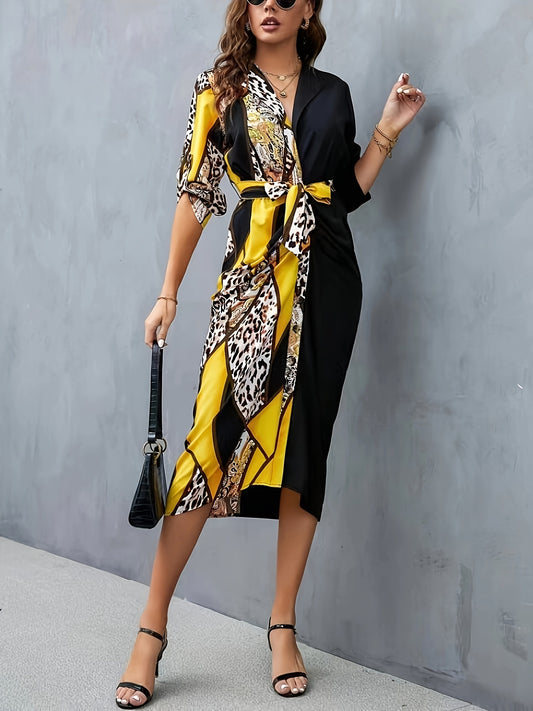 Leopard Print Splicing Shirt Dress, Elegant Button Front Long Sleeve Dress, Women's Clothing