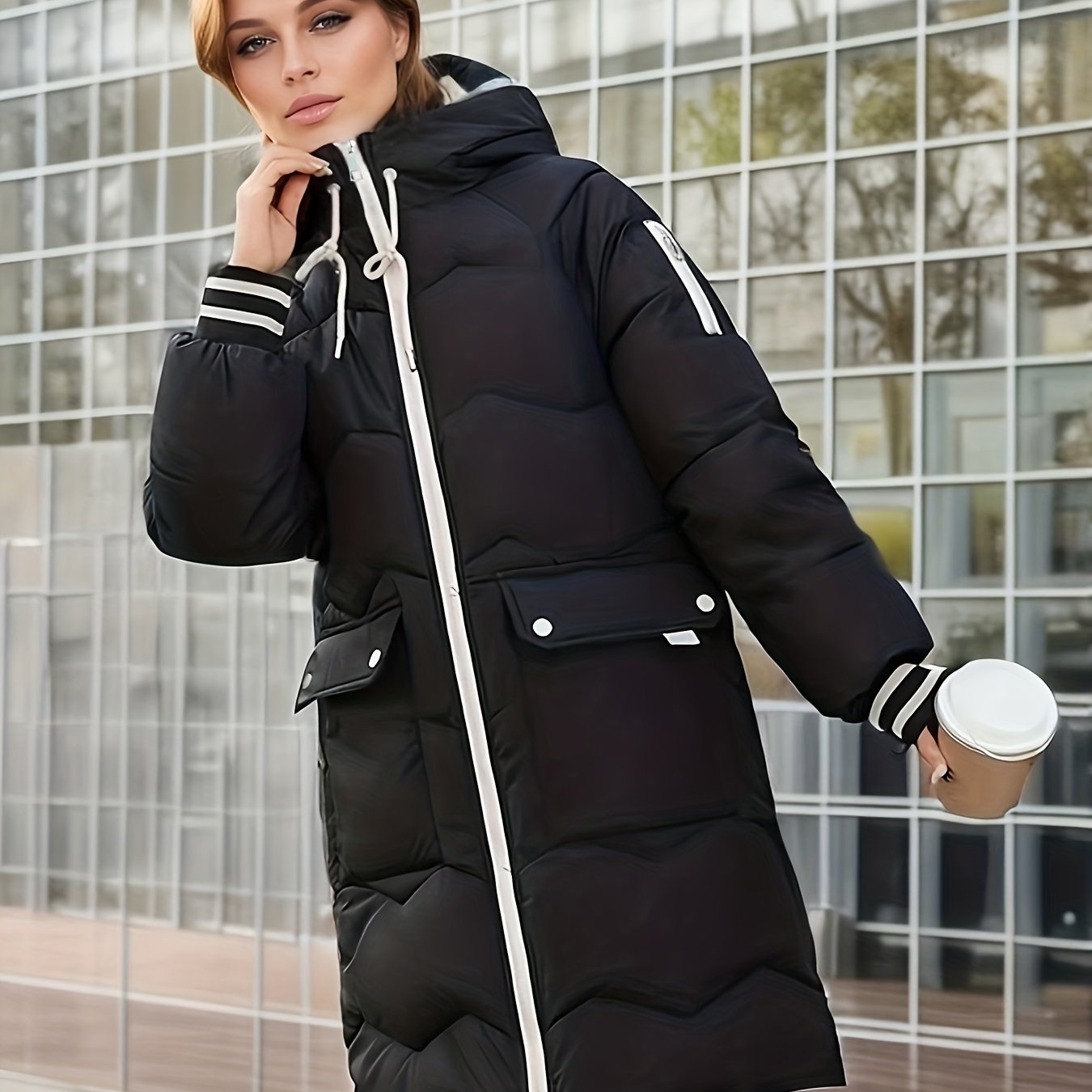 vlovelaw Zip Up Color Block Hooded Coat, Casual Long Sleeve Winter Warm Outerwear, Women's Clothing