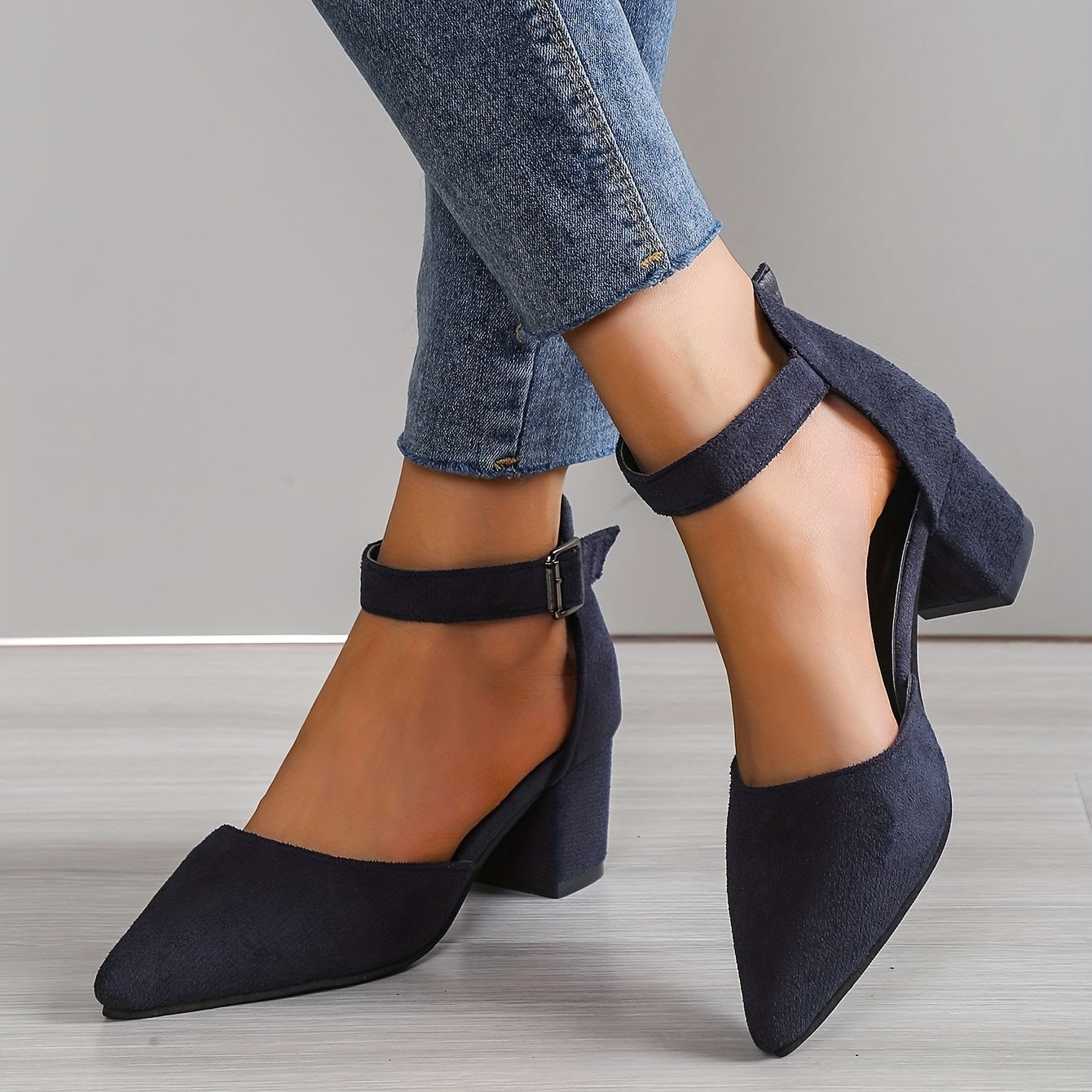 Stylish Ankle Strap Chunky Heels Pumps - Pointed Toe Solid Color D'Orsay Mid Heels, Versatile Sandals with Adjustable Ankle Strap for Comfortable Walking and Elegant Look