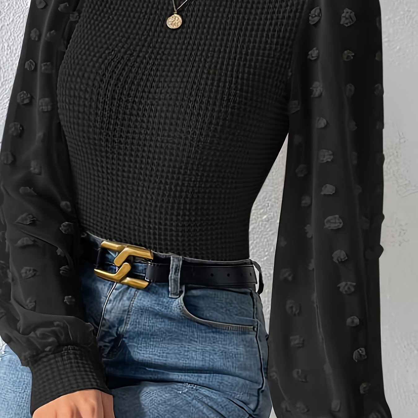 vlovelaw Swiss Dot Mock Neck Blouse, Casual Long Lantern Sleeve Blouse For Spring & Fall, Women's Clothing