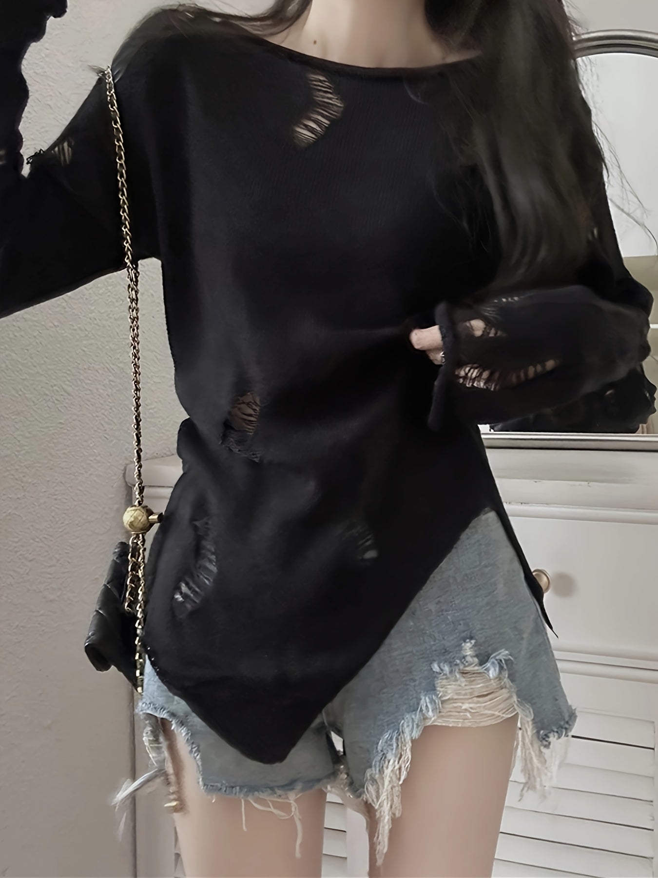 vlovelaw Y2K Solid Boat Neck Ripped Sweater, Asymmetrical Hem Long Sleeve Sweater For Spring & Fall, Women's Clothing