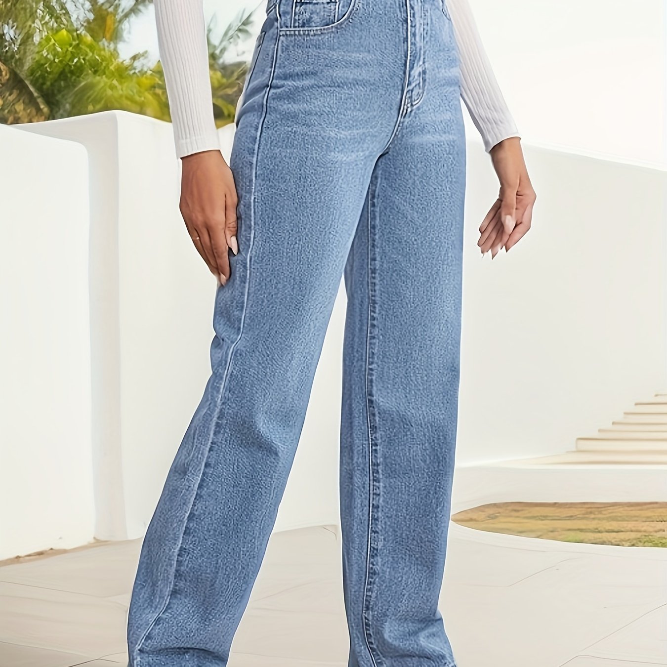 vlovelaw High Waist Whiskering Light Wash Mom Jeans, Water Ripple Embossed Loose Straight Leg Denim Pants, Women's Denim Jeans & Clothing