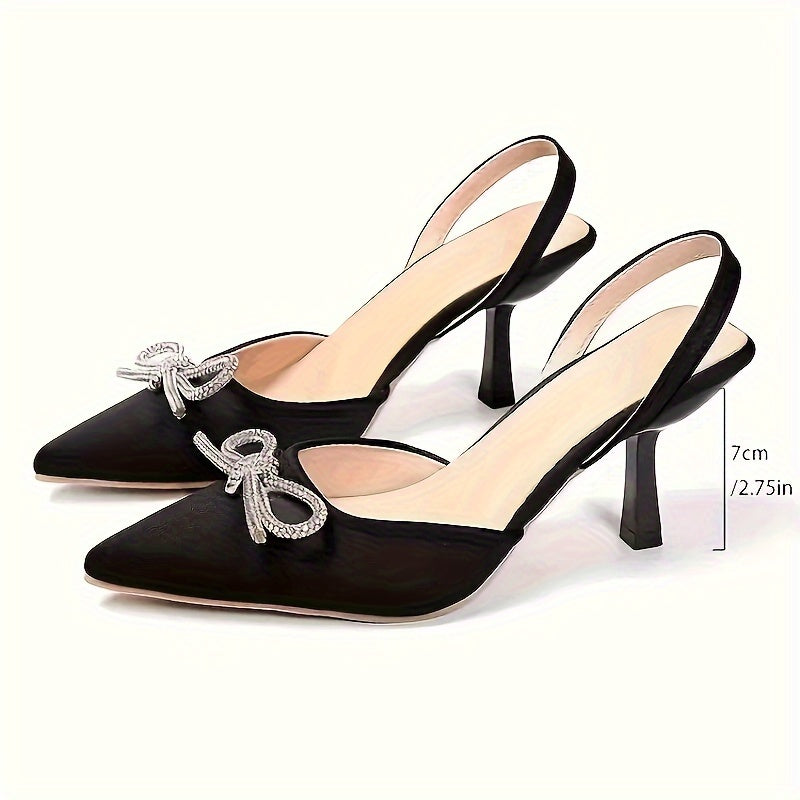 vlovelaw  Women's Rhinestone Bowknot Decor Sandals, Ankle Strap Slip On Elegant Dressy High Heels, Point Toe Party Banquet Shoes