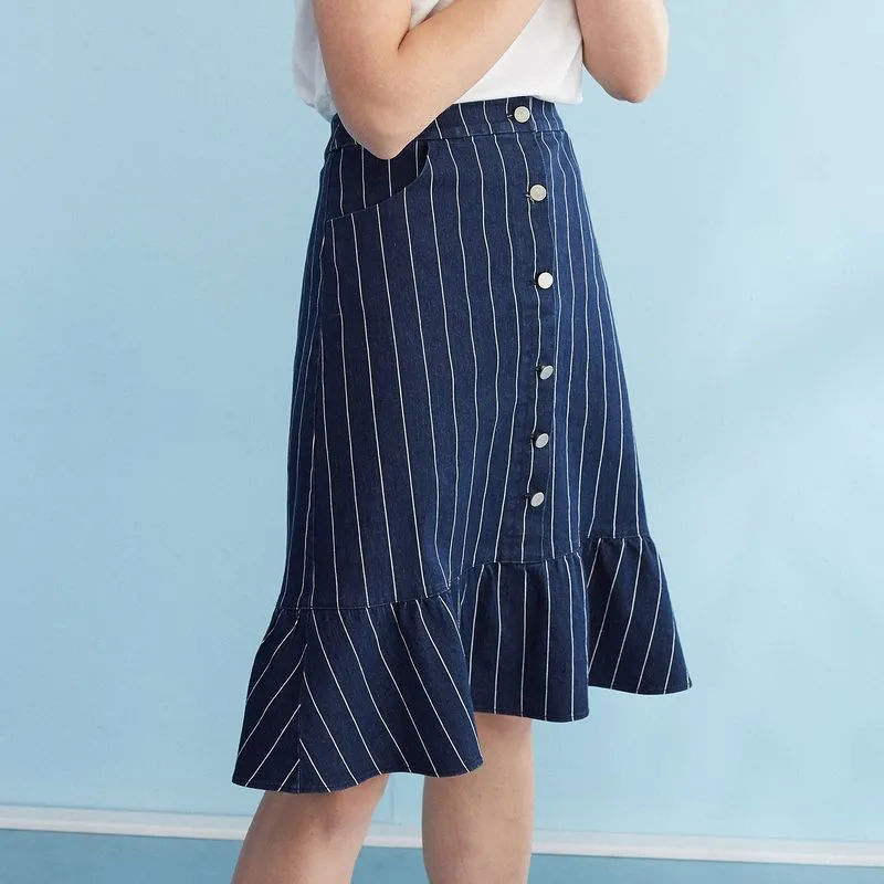 Striped Button Front Bodycon Skirt, Casual High Waist Ruffle Midi Skirt, Women's Clothing