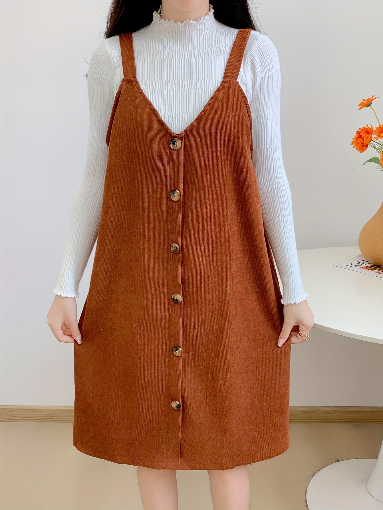 vlovelaw Button Front Solid Overall Dress, Casual V Neck Sleeveless Dress, Women's Clothing