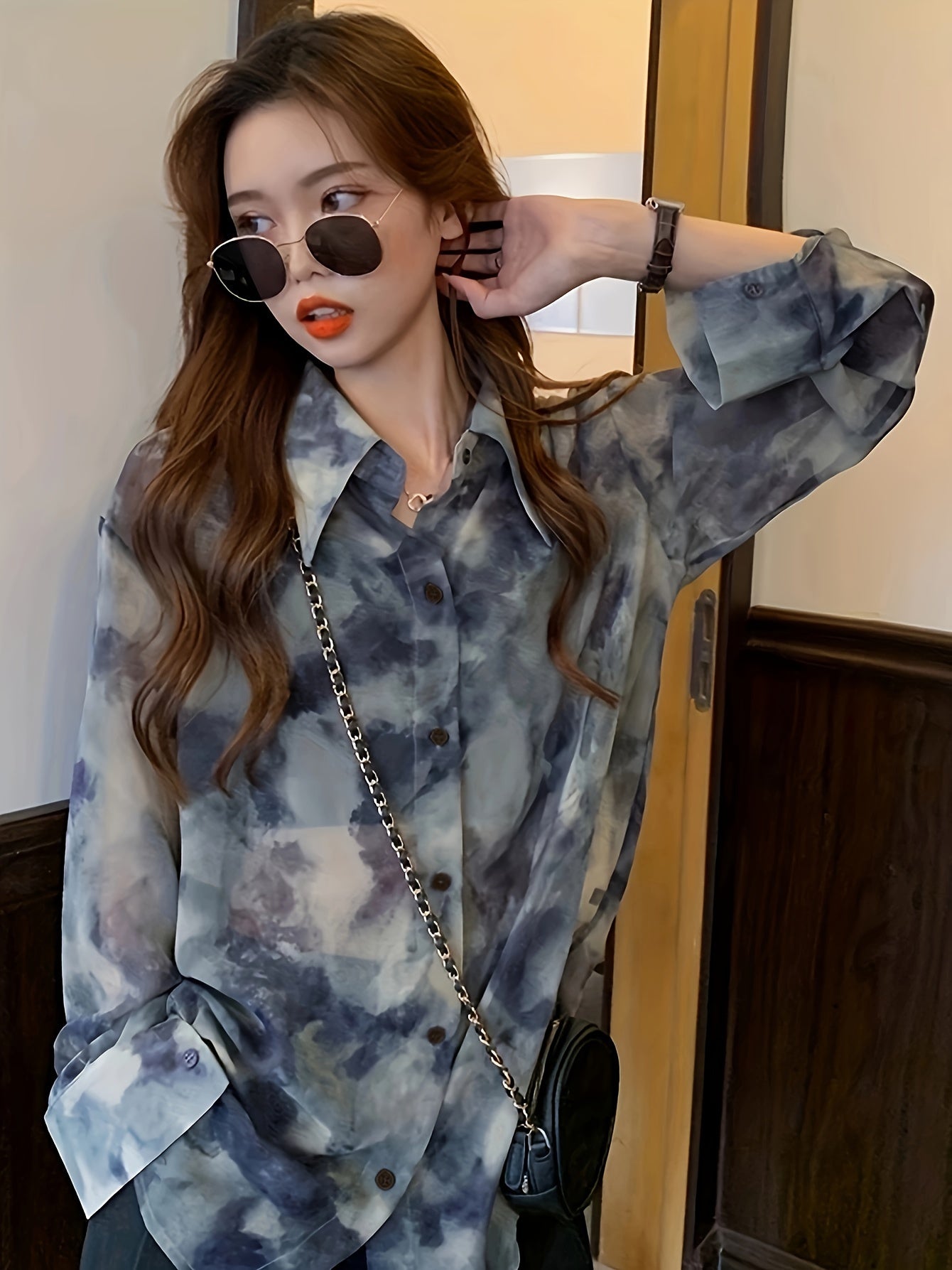 vlovelaw Tie Dye Button Front Shirt, Casual Long Sleeve Shirt For Spring & Fall, Women's Clothing
