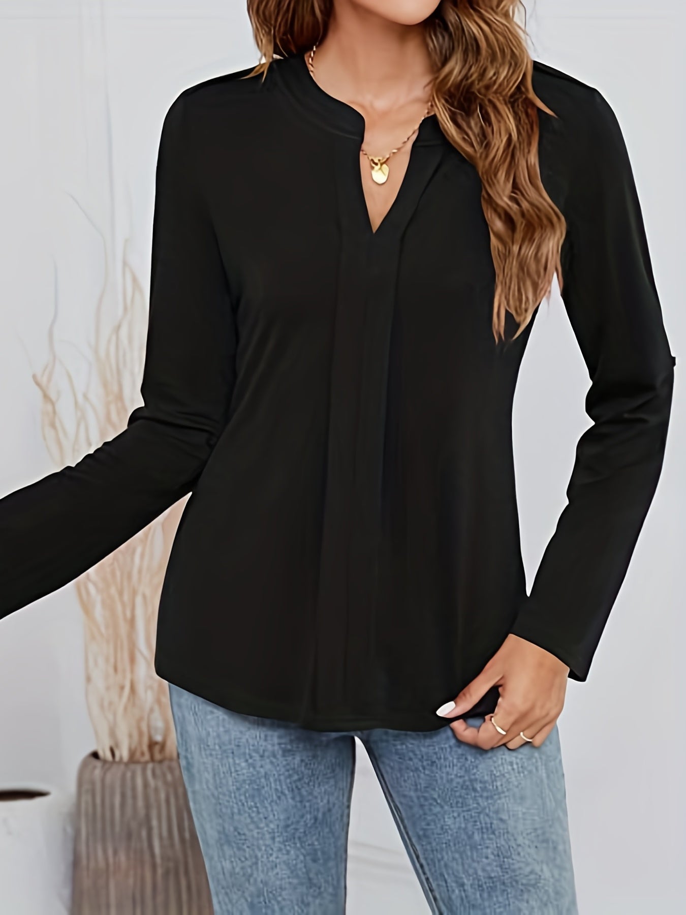 vlovelaw Solid Notch Neck Blouse, Elegant Versatile Long Sleeve Blouse, Women's Clothing